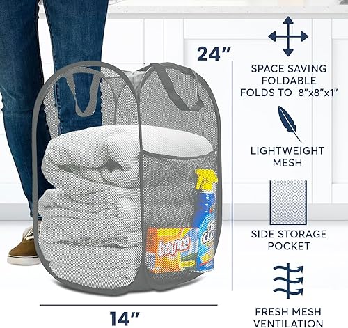 Miniatura 6 de Cesta de malla de alta resistencia para ropa sucia, artículos esenciales para el hogar y la universidad, color azul marino (14 x 14 x 24 pulgadas)