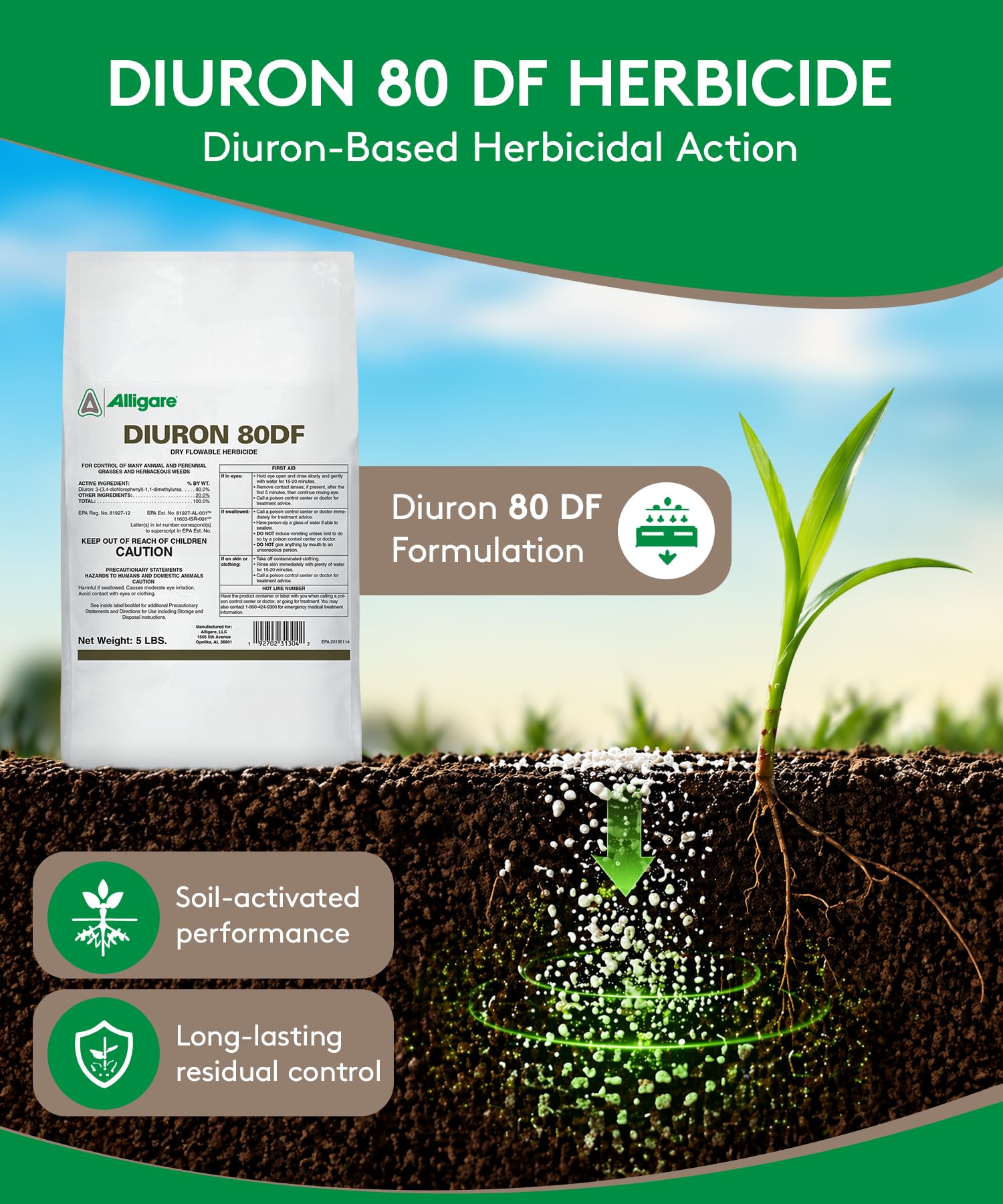 Amazon.com : Alligare Diuron 80 DF Herbicide - Pre and Post Emergent Weed  Killer for Industrial & Non-Crop Areas - Controls Crabgrass, Ryegrass &  Broadleaf Weeds