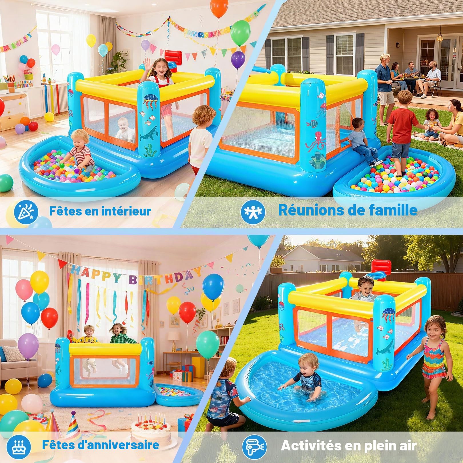 Château Gonflable Enfant 3-6 Ans Intérieur Extérieur, Structure Gonflable 4-en-1 avec Panier Basket Marelle Piscine Balles Amovible, Souffleur Inclus, PVC Résistant 270×170×127cm
