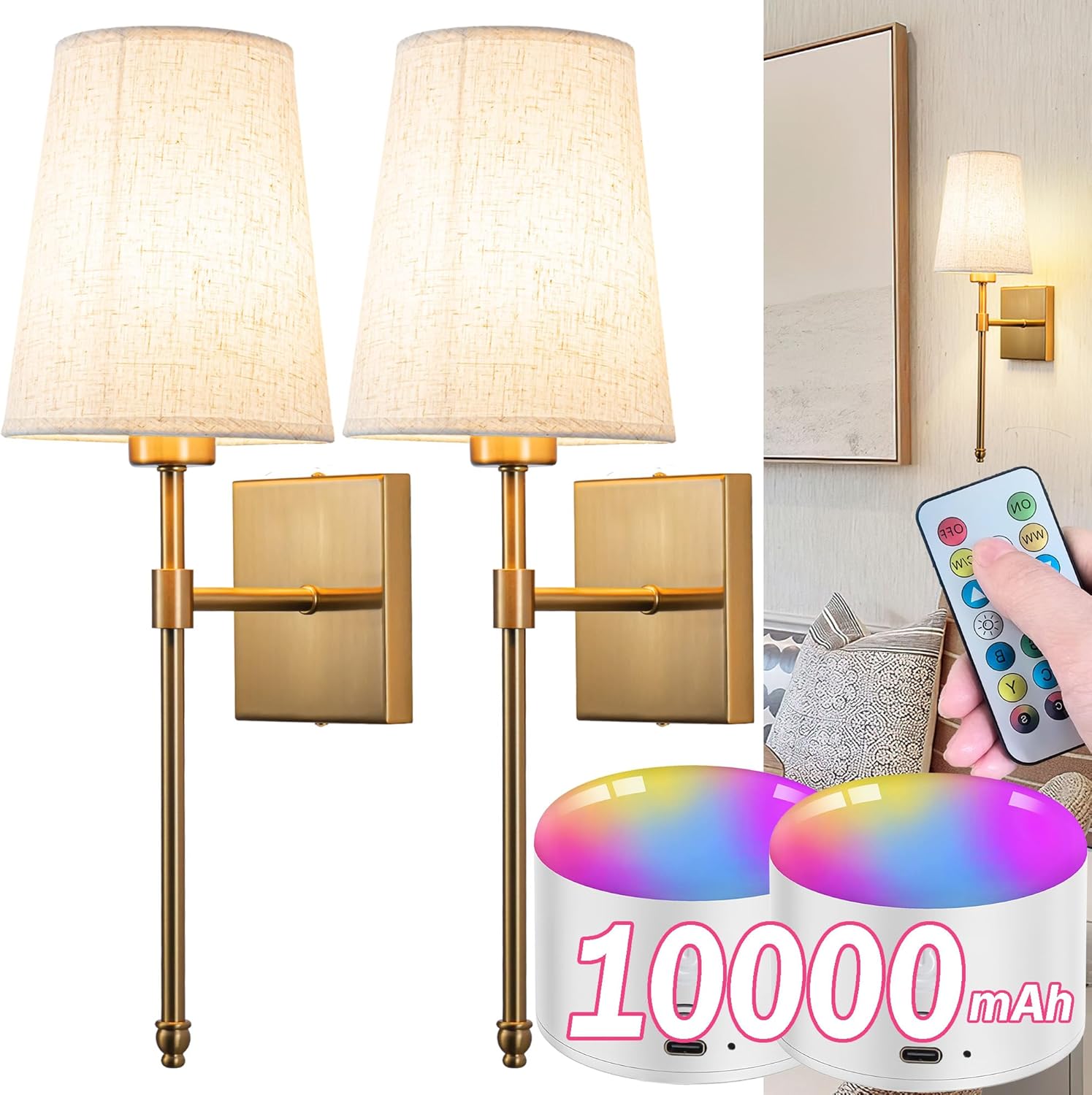 Battery Operated Wall Sconce Light Set Of Two, Battery Operated Sconces Wall Lighting Indoor Wireless Wall Sconce With Remote Control, Dimmable Battery Wall Lamp With 3CCT Bulb For Bedroom Living Room Bronze