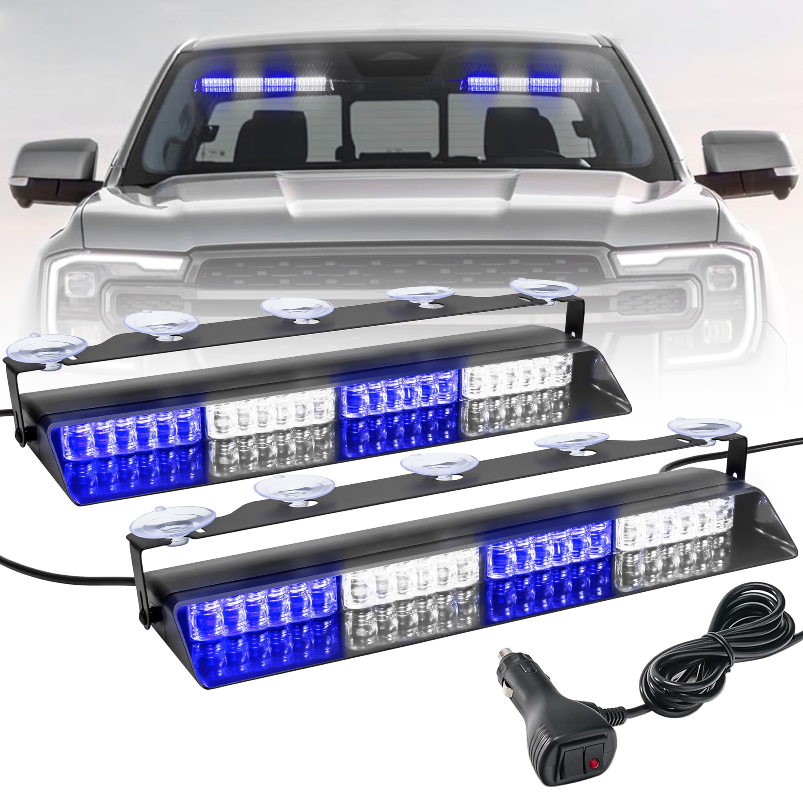ELECHOI Blue/White 2 in 1 Police Emergency Dash Strobe Light Bar, Front/Rear 48LEDs Interior Windshield Visor Safety Flashing Warning Hazard Lights