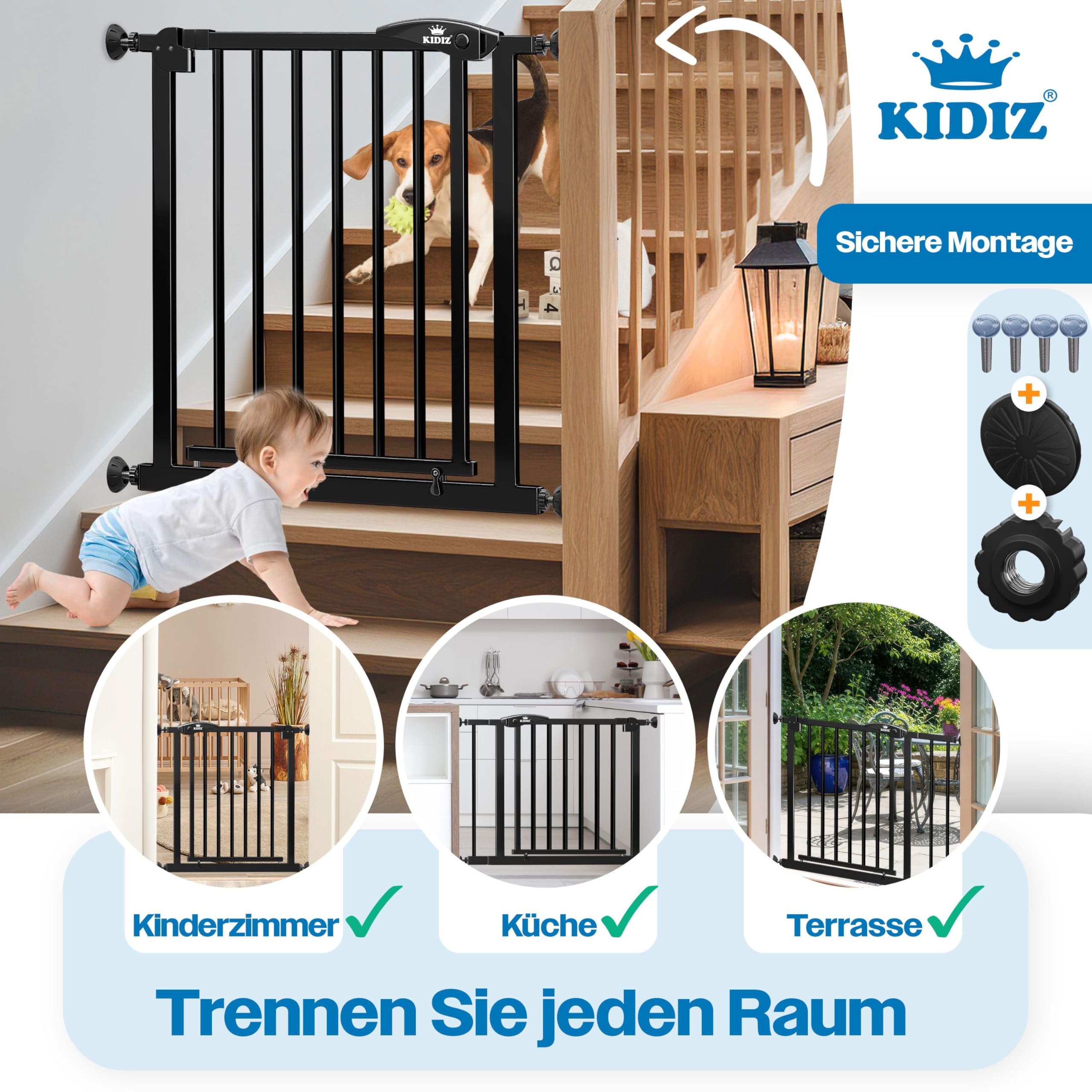 KIDIZ Barrière de sécurité d'escalier sans perçage | Largeur réglable : 88-94 cm, hauteur 75 cm, Barrière de sécurité de porte et barrière pour enfants et chiens, ouverture d'une seule main, système