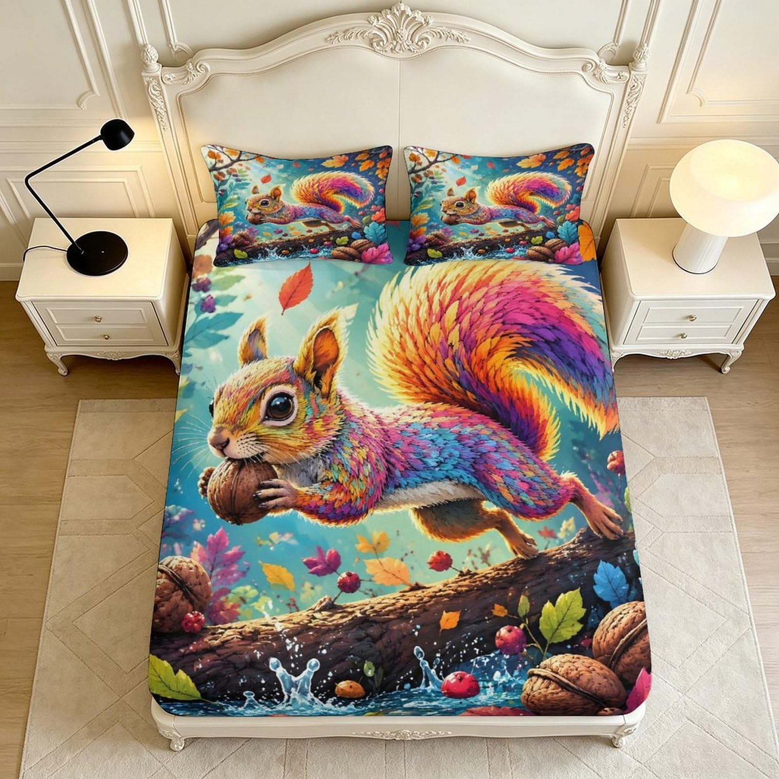 Écureuil Forêt Drap Housse Motif 3D Microfibre Douce Anti-Froissement