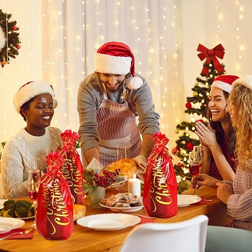 Miniatura 3 de Teling 100 bolsas de regalo para botella de vino de Navidad, bolsa de celofán, funda roja para bolsa de vino de Feliz Navidad, incluye 50 bolsas de