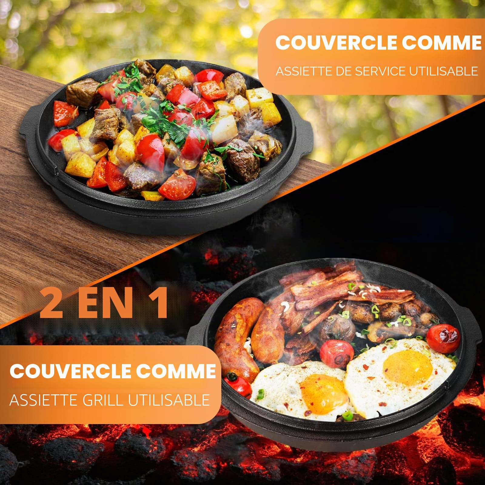 Faitout hollandais 9 litres, double fonction, fonte, pré-assaisonné, avec lifter, noir