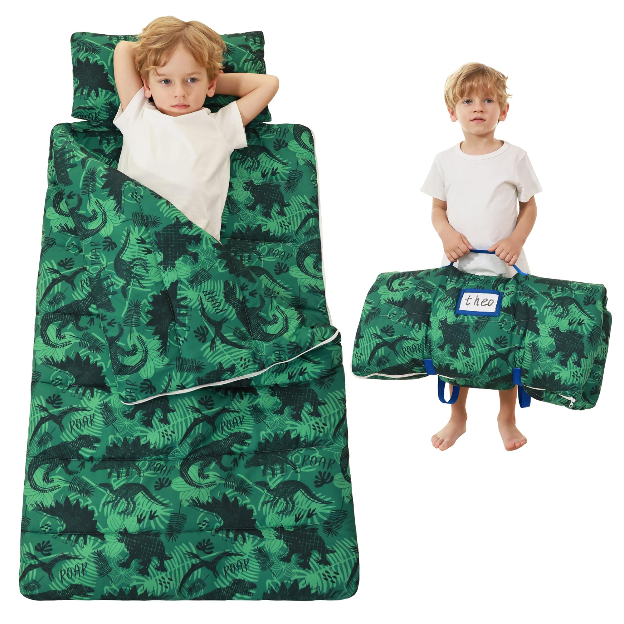 Toddler Nap Mat for Preschool 50''x30'' Sleeping Mat with Removable Pillow and Minky Blanket for Kids Ages 3-7 Roll Up Soft Sleeping Bag for Boys Girls Kindergarten Daycare Sleepover