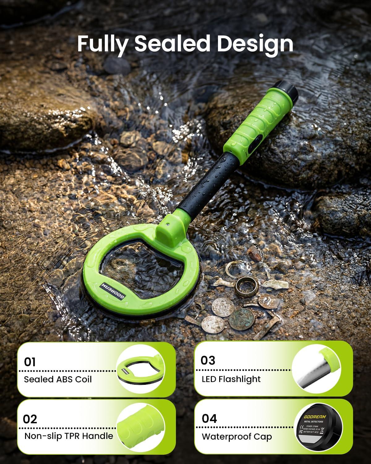 Detector de metales subacuático para adultos, IP68 totalmente impermeable hasta 98 pies | Pinpointer de mano recargable de 1600 mAh, buscador de oro de alta sensibilidad para buceo, playa y caza de tesoros