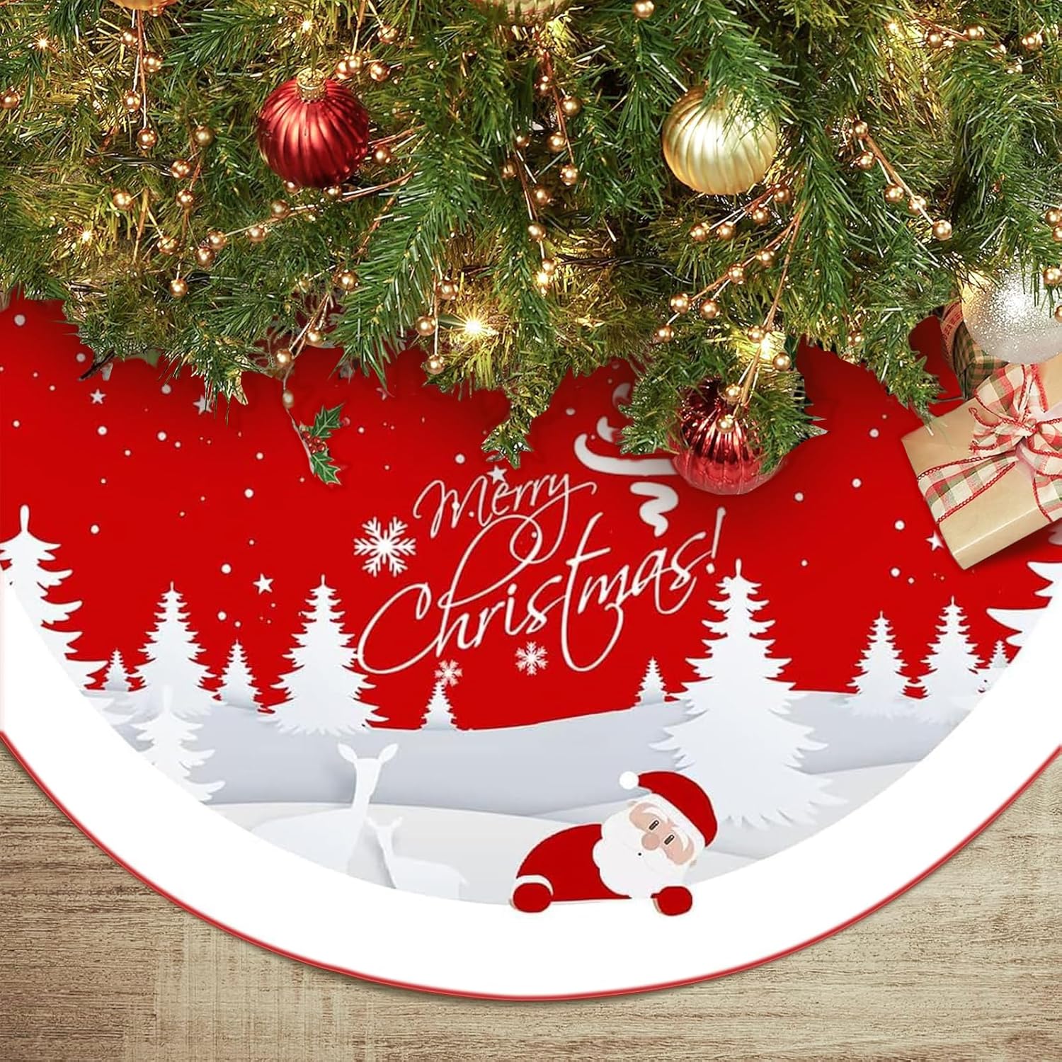 Merry Christmas Tree Skirt 48 Inches Red Tree Skirt Soft Plush Xmas