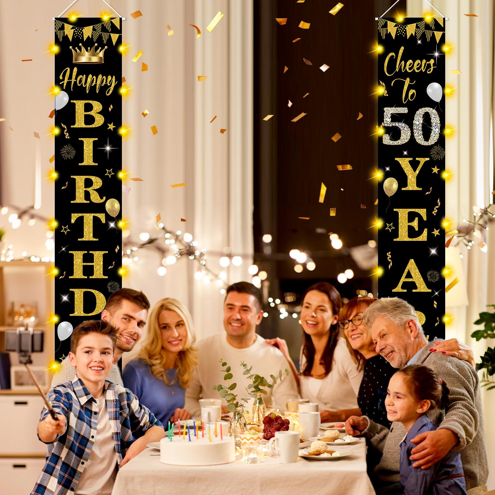 Gelukkige 50e verjaardag deur banner feestdecoraties, zwart goud
