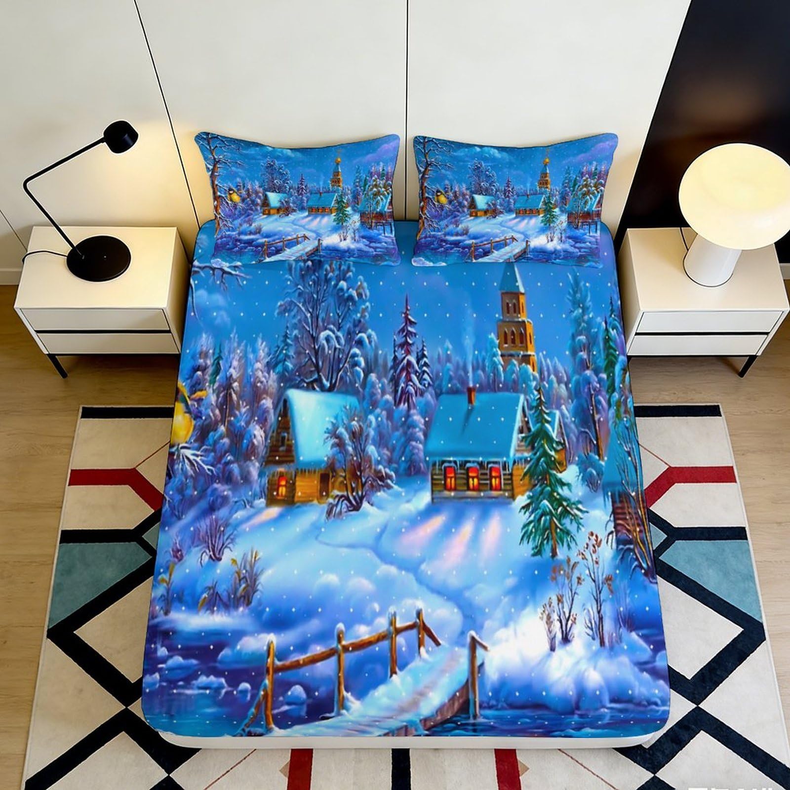 3D Printed Winter Village Fitted Sheet, Microfiber Soft Touch Bed Cover, Home Decor, Guest Room Bedding, Easy Care, Blue 90x200x25cm
