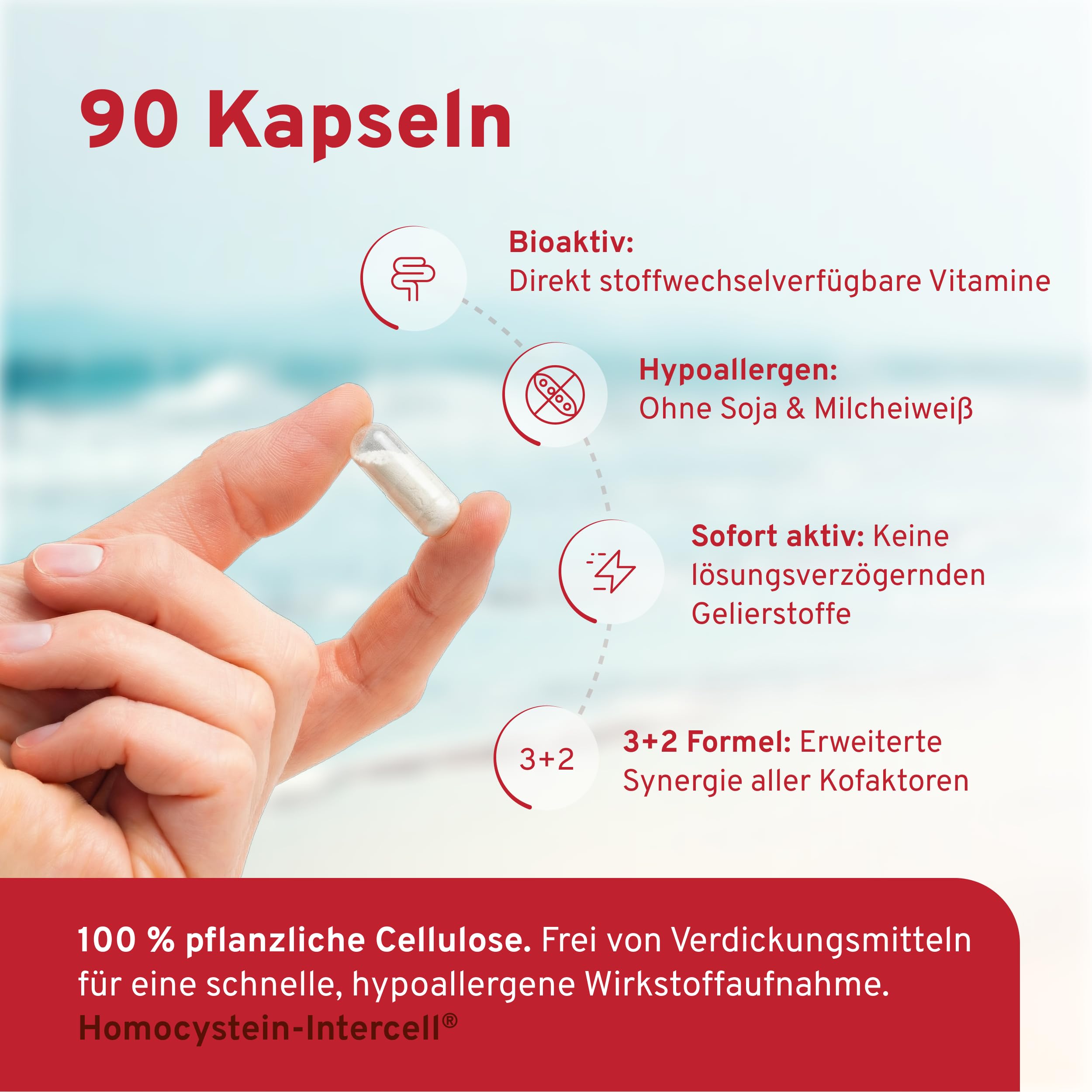 Homocystein-Intercell (90 Kapseln) - Vitamin B Komplex mit Betain & bioaktiver Folsäure (5-MTHF) - Hochdosiertes Vitamin B12, B6 & B2 für den Homocysteinstoffwechsel - Hohe Bioverfügbarkeit