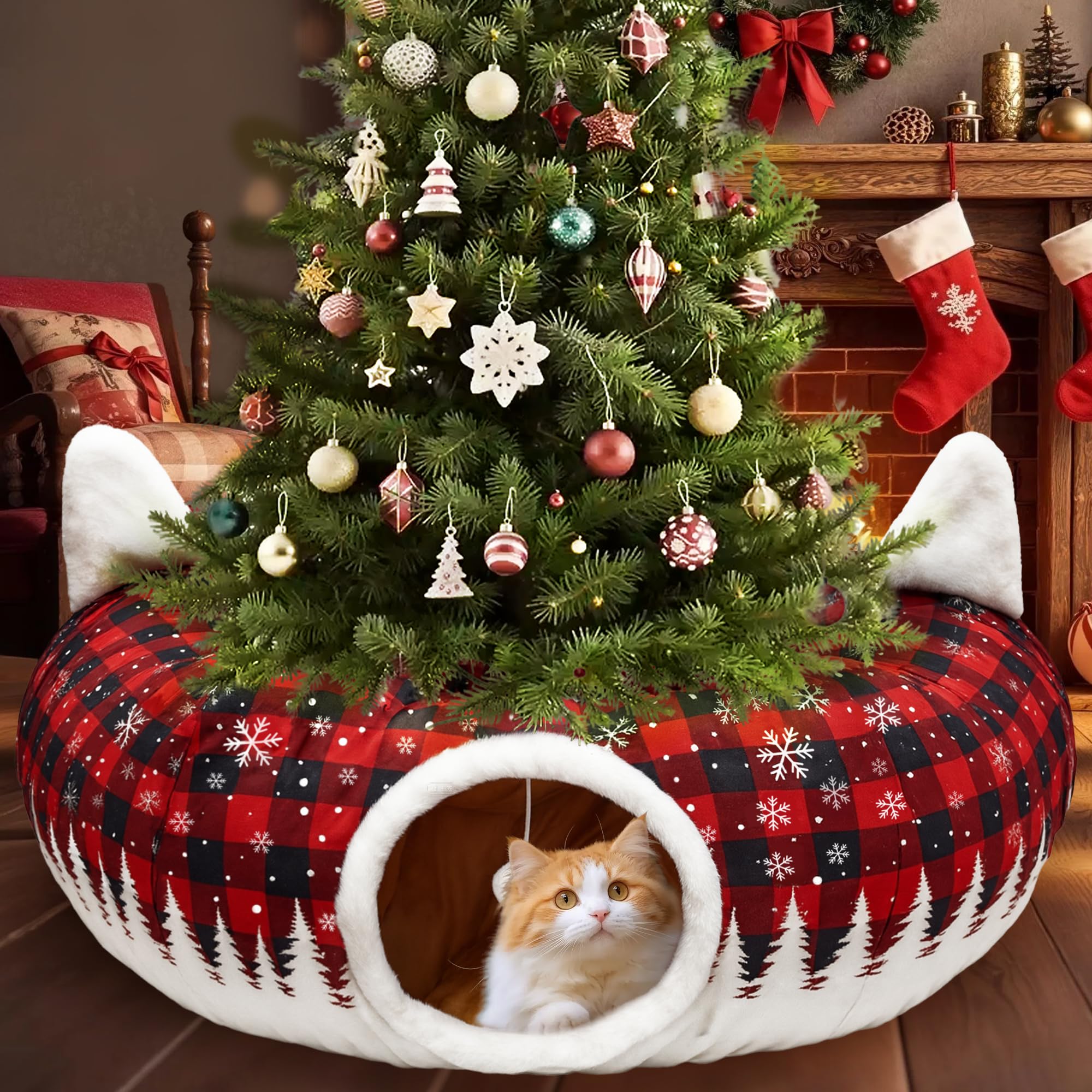 CORALMEE Cat Tunnel Christmas Tree Skirt, Cat Beds for Indoor Cats with Ball, Black and Red Buffalo Plaid Peekaboo Cat Cave Donut Tunnel Interactive Pet Toy for Felines Gift and Small Animals