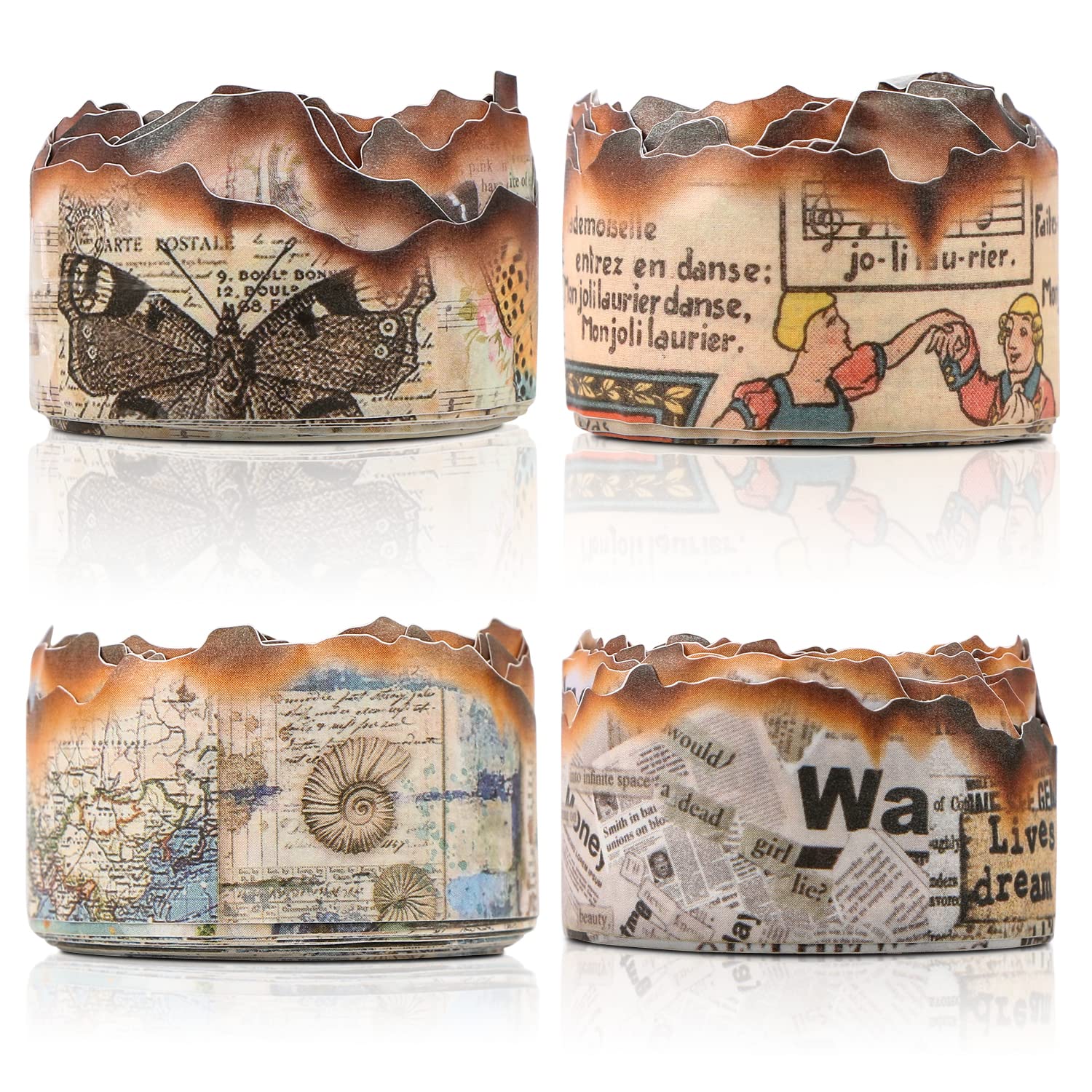 BENOSPACE 4 Roll Burned Washi Tape Scrapbook Masking Sticker Vintage Old Decorative Butterfly Nautical Blueprint Music Score Newspaper Art Craft