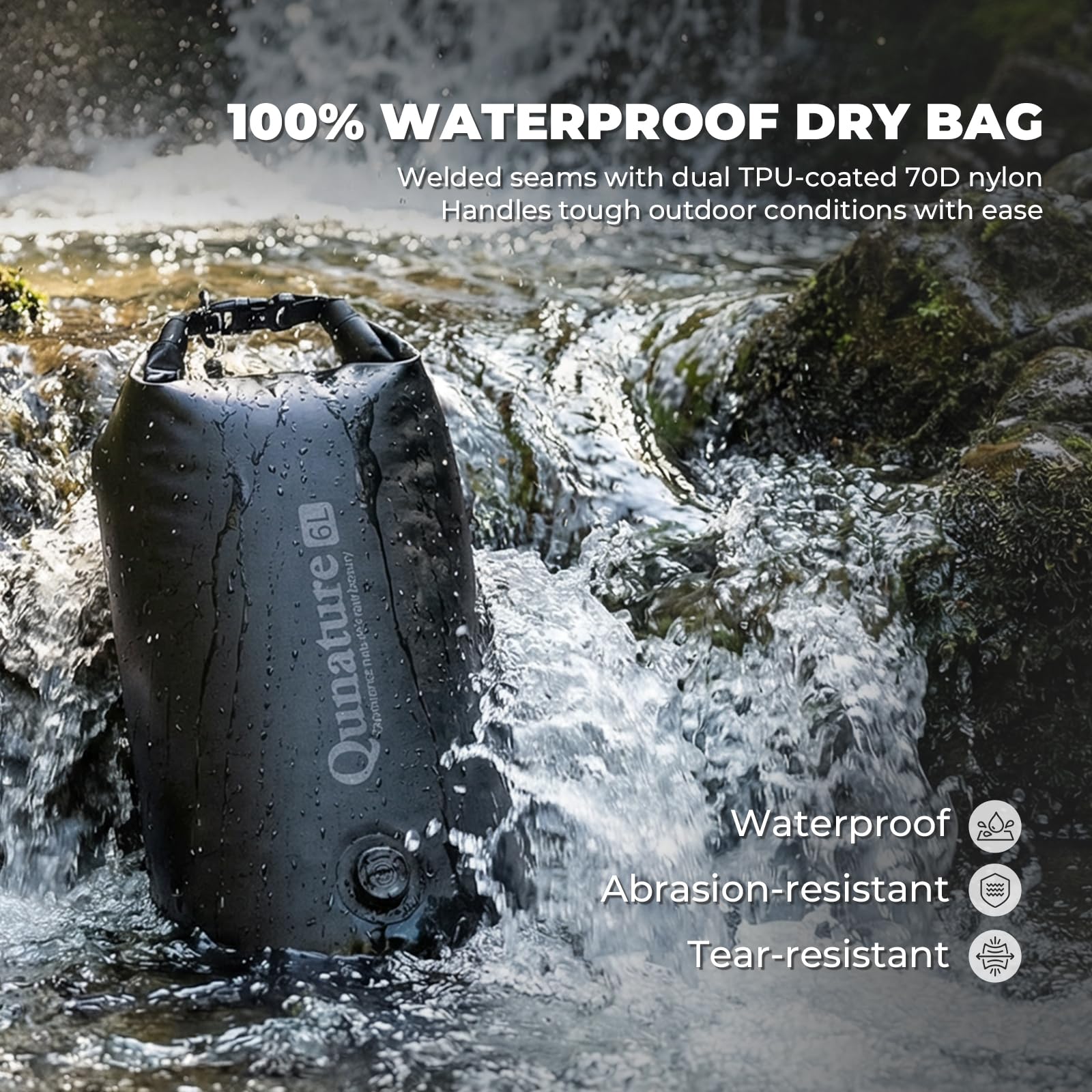 Sac étanche avec fermeture par enroulement - Sac de compression imperméable - 6 L - Léger et durable - Avec support magnétique - Pour vélo, randonnée, kayak, pêche, natation - Noir