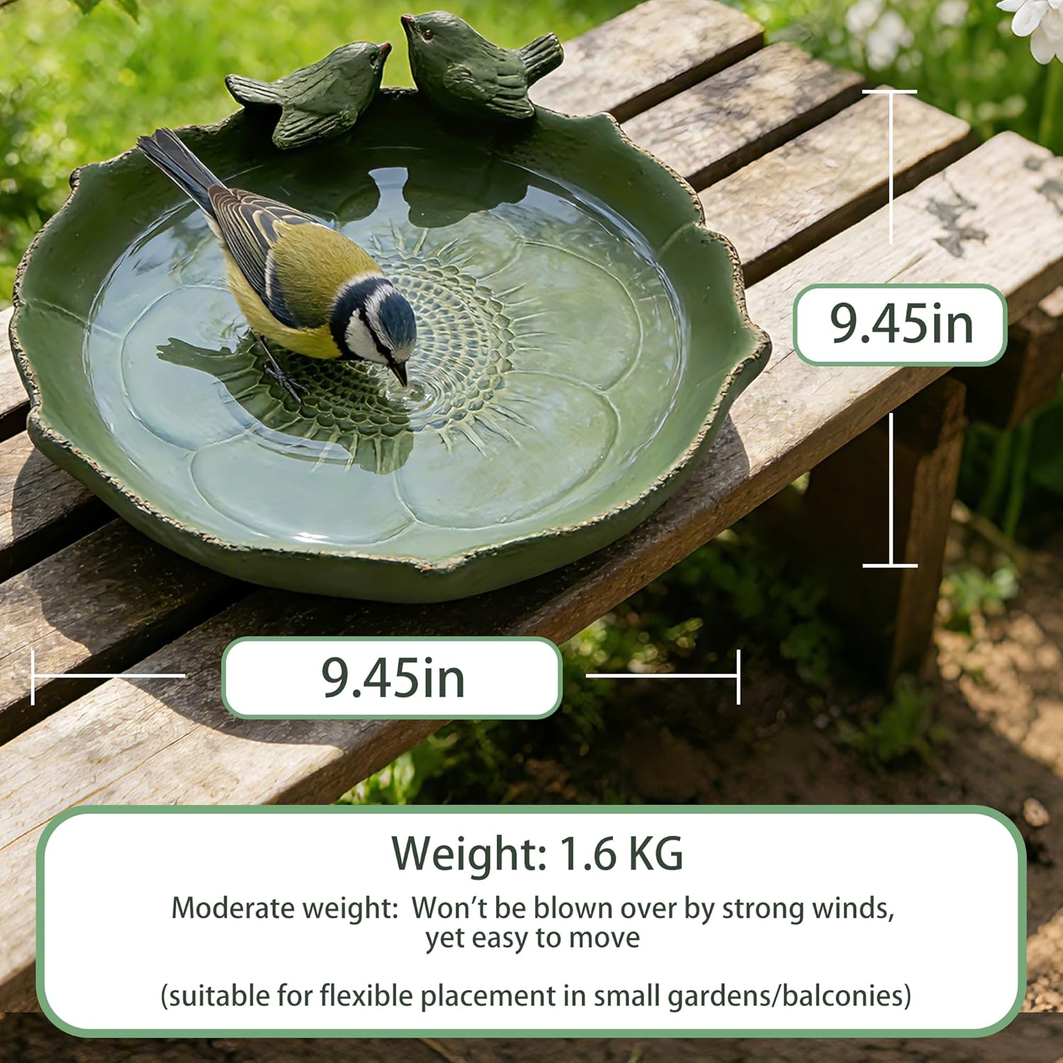 Ceramic Bird Bath for Outside, 9.45 Inch Ground Bird Bath Bowl with Double Bird Design, Outdoor Birdbath for Garden, Tabletop, Deck, Balcony, Lawn (Light Green)