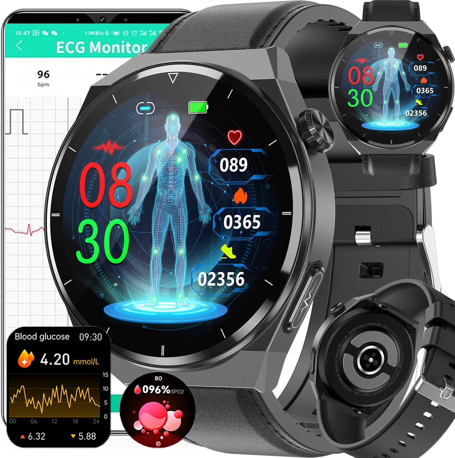 Non-invasive Blood Glucose Sugar Smart Watch, 1.39" ECG+PPG Smartwatch with Temperature Heart Rate Pressure Spo2 Monitor, Fitness Tracker with Message Notification, for Android/ios