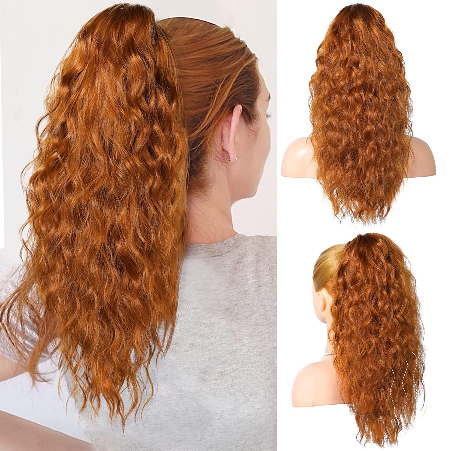 PORSMEER Extensiones de pelo de cola de caballo, extensiones de color naranja con pinza de 45 cm de largo, ondulado, rizado, trenza, clip en garra, pelo sintético natural para mujeres