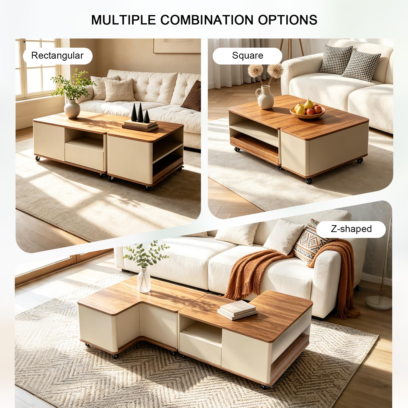 Couchtisch Quadratischer mit Stauraum, Wohnzimmertisch Holz mit Rollen, Coffee Table Modulares Design für Wohnzimmer Büro Schlafzimmer