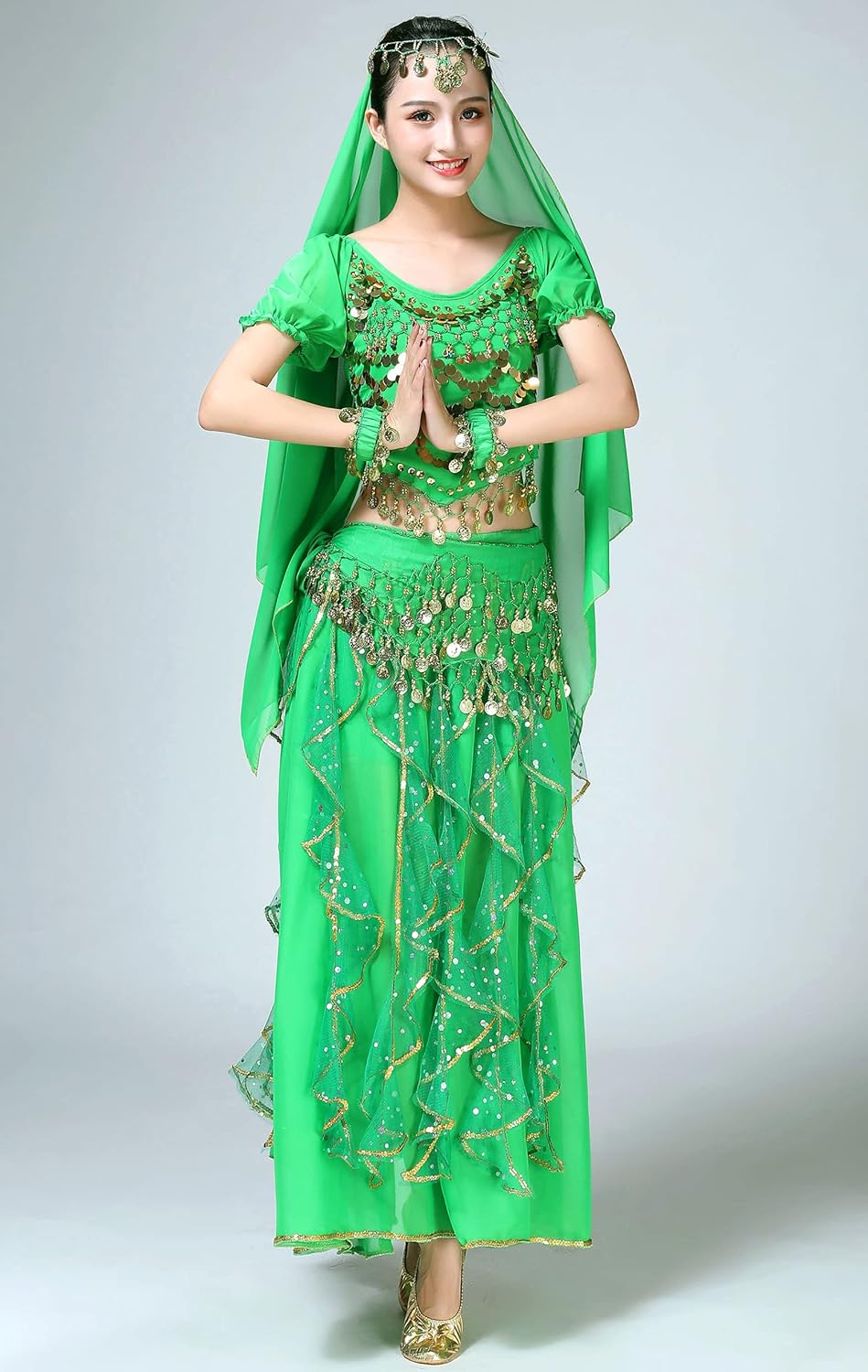 ORIDOOR Women Belly Dance Dress Indian Bollywood Halloween Costume Chiffon Skirts Shiny Belly Dance Suits 5-Piece Outfit - Image 2