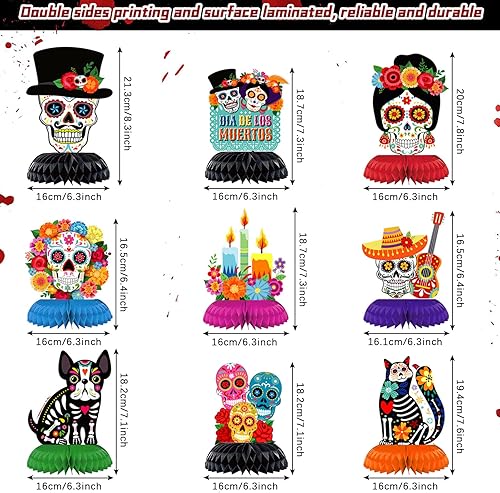 Miniatura 3 de Decoración del Día de los Muertos, 9 piezas Dia De Los Muertos Panal, Decoración de Mesa con Recortes de Calavera de Azúcar Flores Centros de Mesa