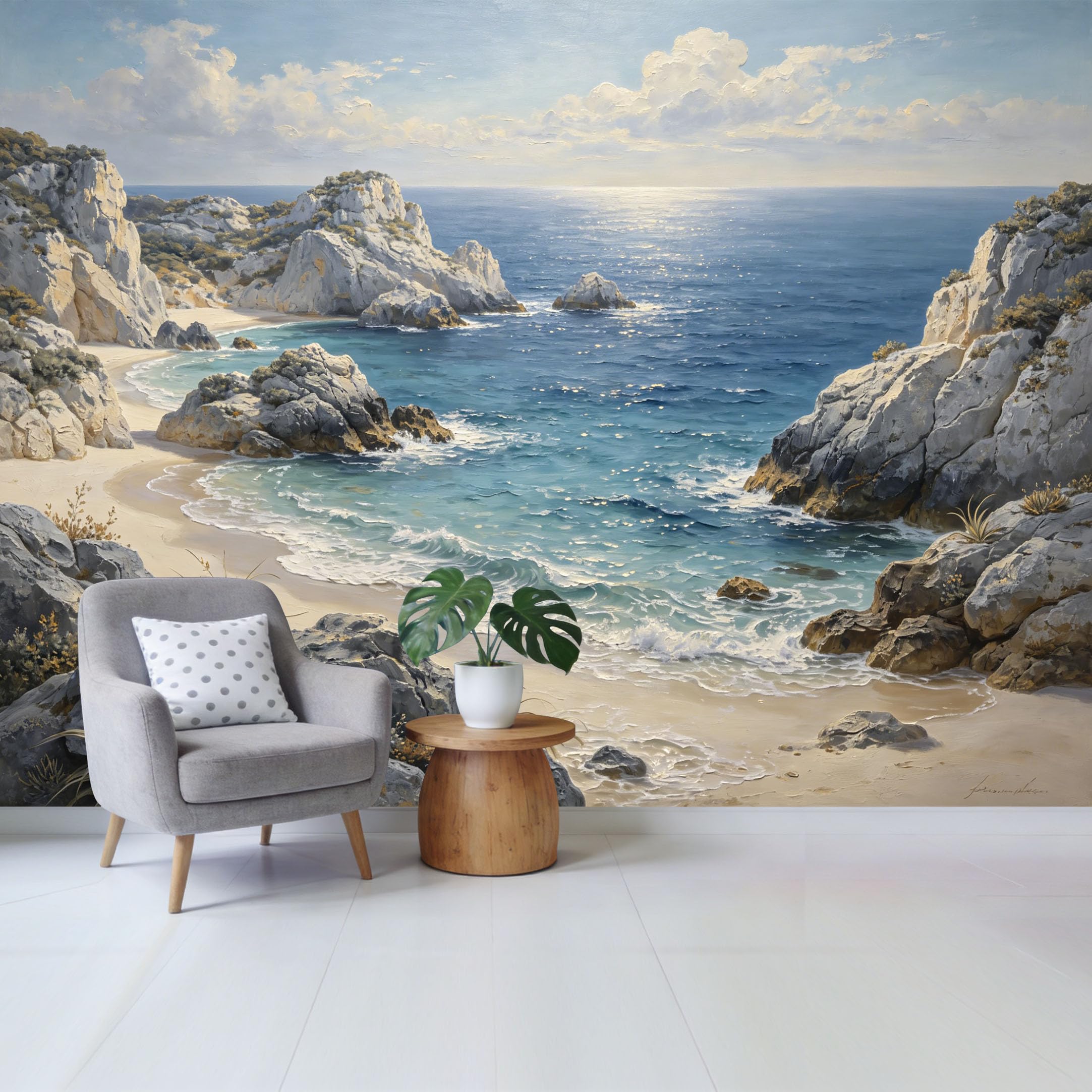 Custom Size Wall Mural Coastal Mediterranean Rocky Beach Seascape Oil Painting SelfAdhesive Wall Fabric Removable Wallpaper for Home Office Decor