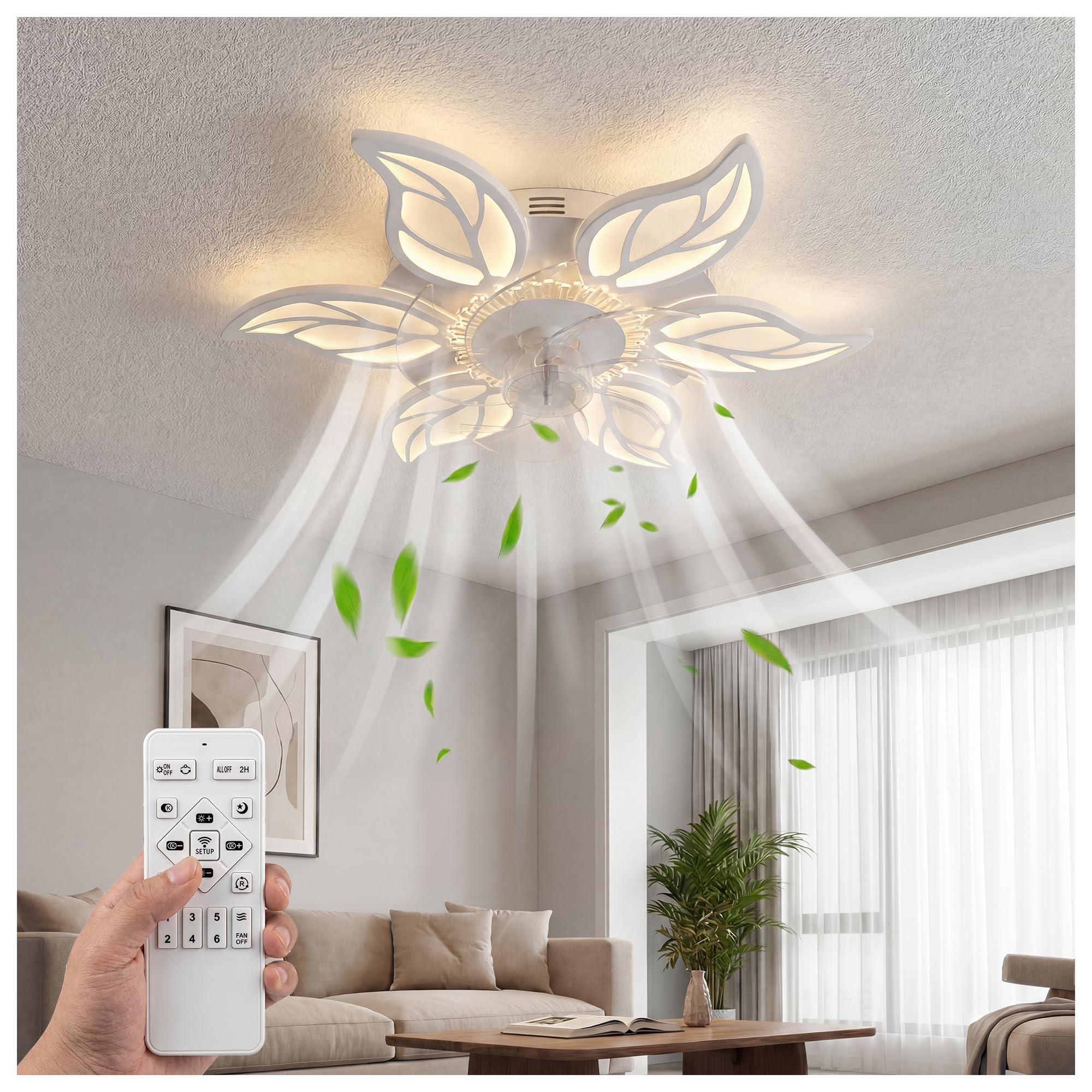 Photo 1 of 23.6" Ceiling Fan with Lights and Remote, Low Profile Flush Mount Ceiling Fan for Bedroom, Quiet DC Motor, 6 Speeds, 3CCT Dimmable LED Light for Living room, Modern Flower Fandelier for Low Ceilings