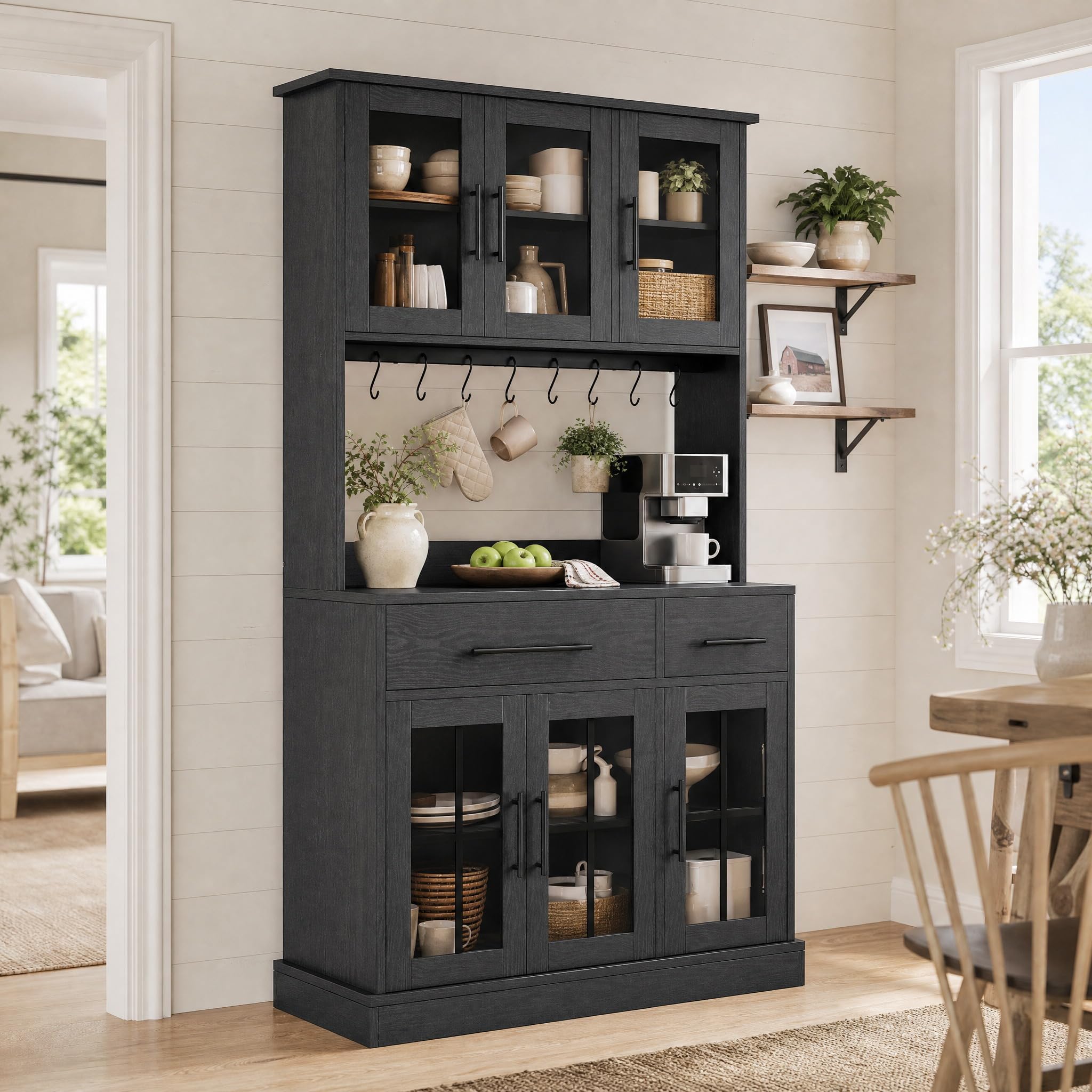 71'' Kitchen Pantry Storage Cabinet with Microwave Stand, Tall Freestanding Hutch Cabinet with Power Outlet, Pantry Cabinets with Buffet Cupboard, Drawers and Acrylic Doors for Home, Black