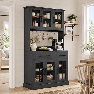 YITAHOME 71'' Kitchen Pantry Storage Cabinet with Microwave Stand, Tall Freestanding Hutch Cabinet with Power Outlet, Pantry Cabinets with Buffet Cupboard, Drawers and Acrylic Doors for Home, Black