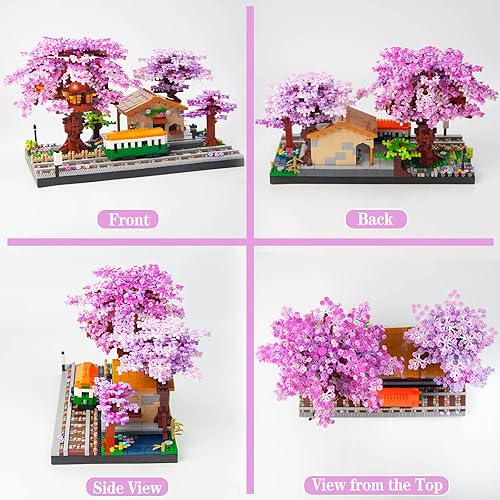 Miniatura 5 de Juego de bloques de construcción de la mini estación de tren de cerezo japonés, colección botánica Sakura para adultos, más de 14 adolescentes,