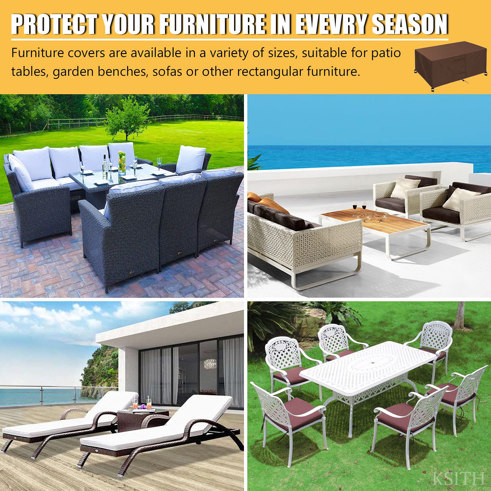 Copertura impermeabile per mobili da giardino con 4 fibbie antivento in tessuto Oxford 420D, anti UV e anti strappo, copertura per esterni, per tavolo, sedia, divano, marrone, 180 x 120 x 74 cm