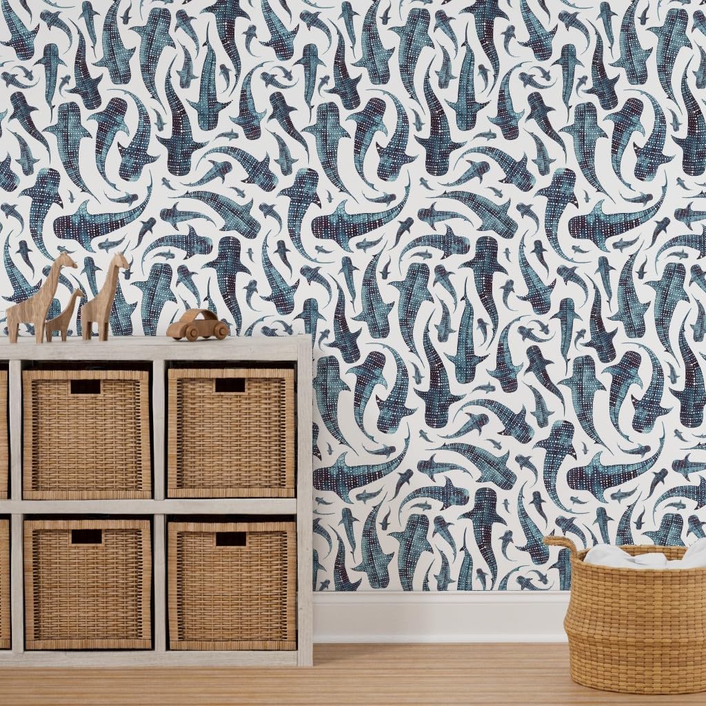 Peel & Stick Wallpaper 3ft x 2ft - Whale Shark Blue Animal Swimming Navy Sea Ocean Custom Removable Wallpaper by Spoonflower