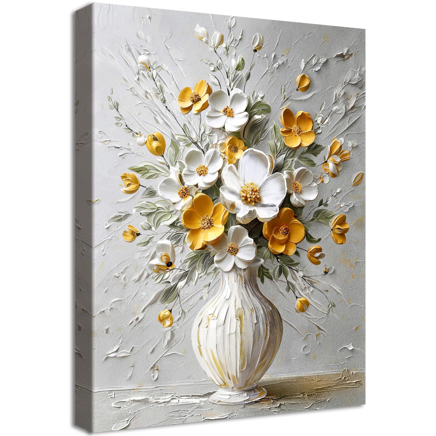 Wooden Framed Canvas Wall Art Modern White Yellow Floral Painting on Canvas Prints Botanical Potted Plants Poster Vase Flowers Pictures for Living Room Kitchen Shelf Hallway Wall Decor 30x40cm โ image 1
