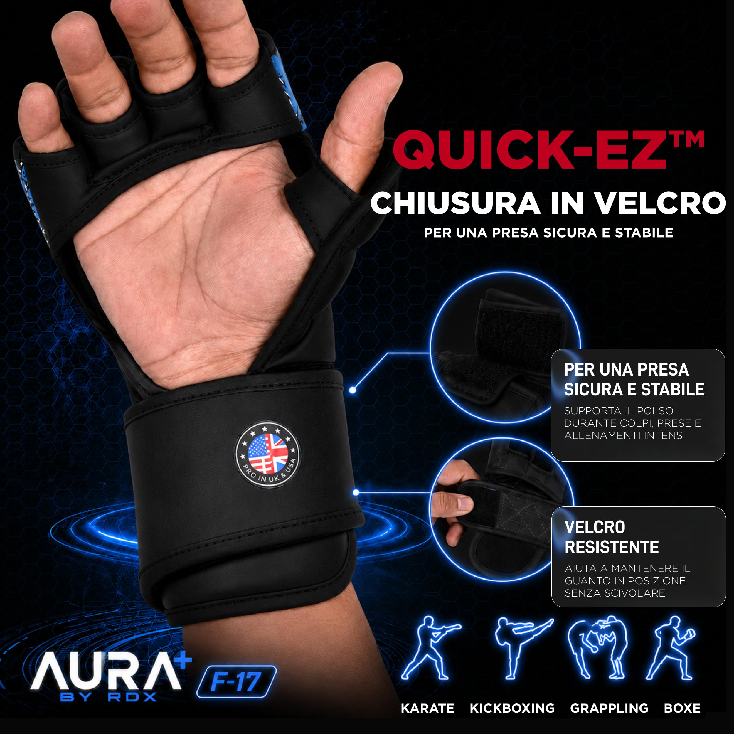 RDX Guanti Grappling Aura Plus F-17, Guanti MMA con Protezione Rinforzata per il Pollice, Guanti MMA Sparring per Sparring e Allenamento, Guanti da Boxe MMA in Pelle Sintetica per Uomo e Donna