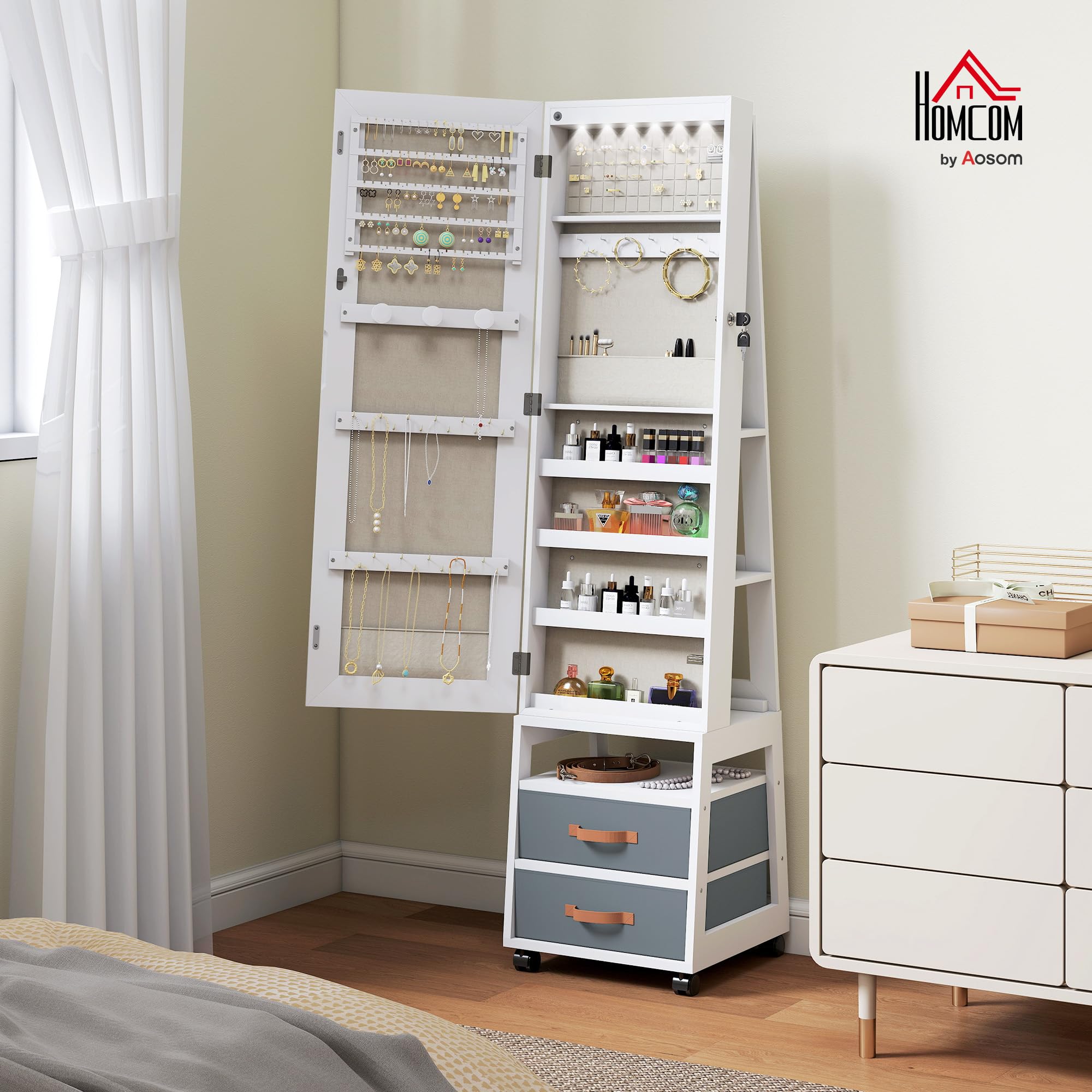HOMCOM Espejo Joyero con Luces LED Interior, Armario para Joyas con Ruedas, Armario Joyero con Espejo Entero, Giratorio de 360°, Estantes Abiertos, Cajones de Tela, Blanco y Forro Crema