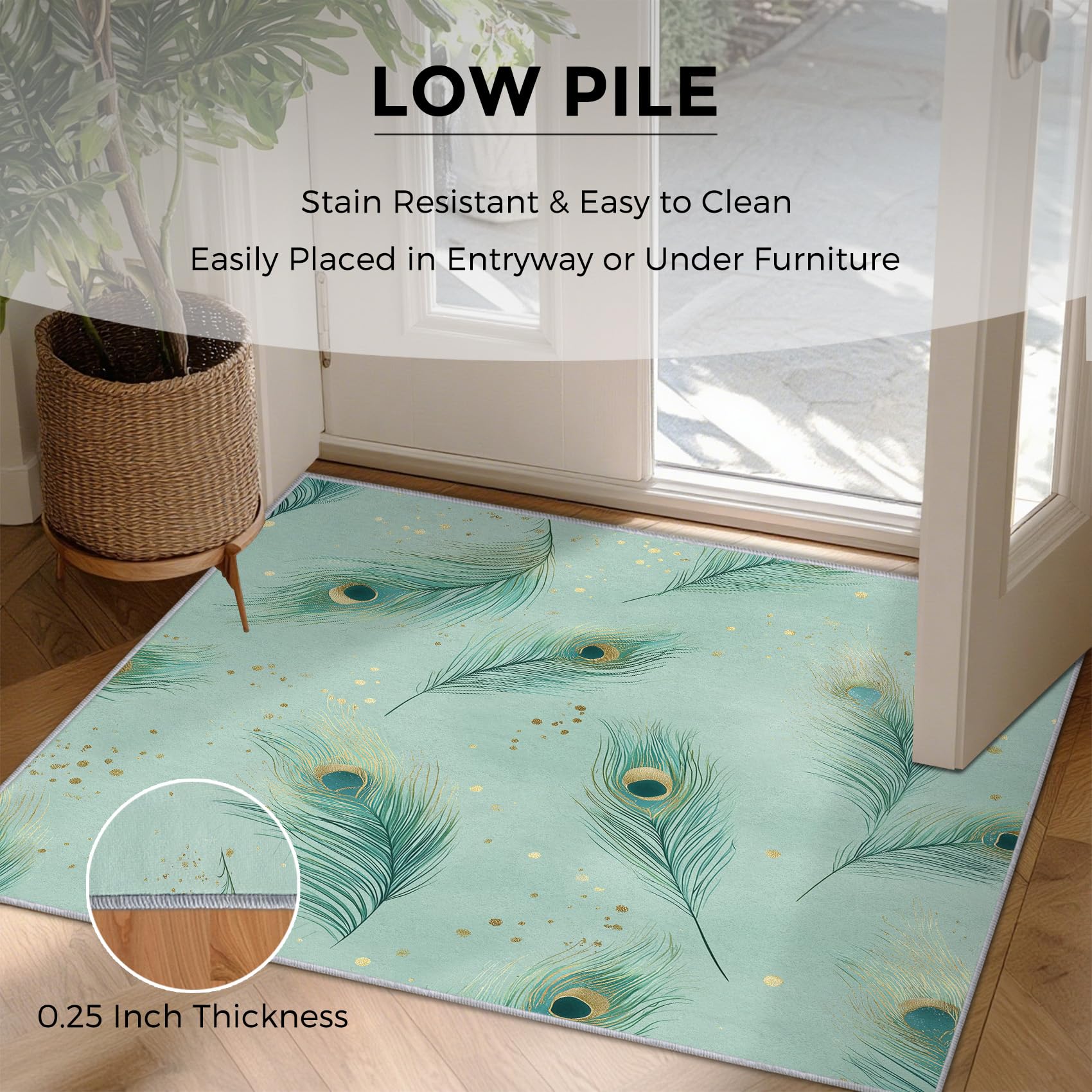 Generico Tappeto Salotto Piuma di Pavone 120x170 cm, Tappeto Piuma Verde, Antiscivolo Pelo Corto Lavabili per Camera da Letto Cucina Bagno P-&64