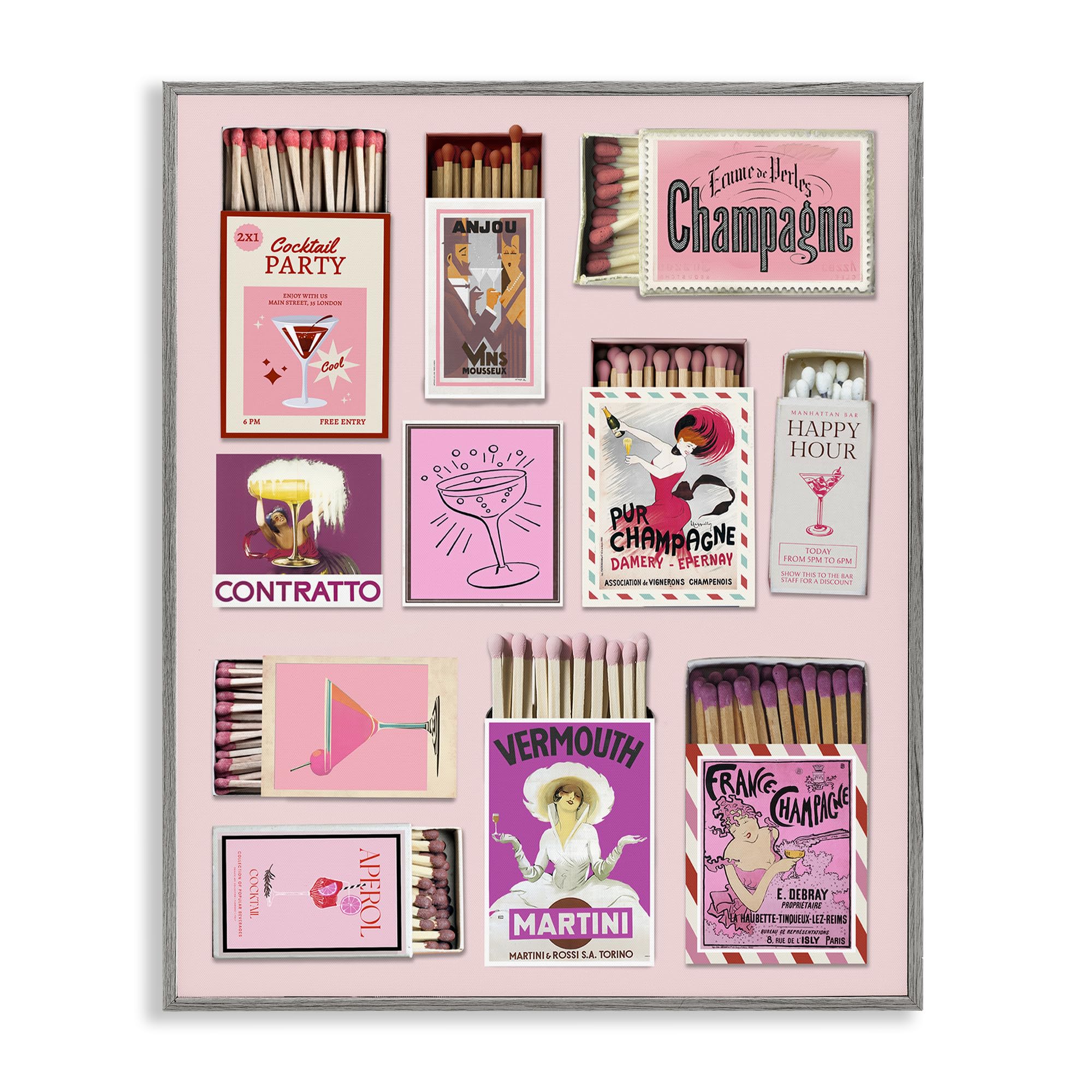 Stupell Industries Farmhouse Gray (Textured) Champagne Cocktail Matchboxes Glam, 24 X 30 Inch Framed Giclée Print