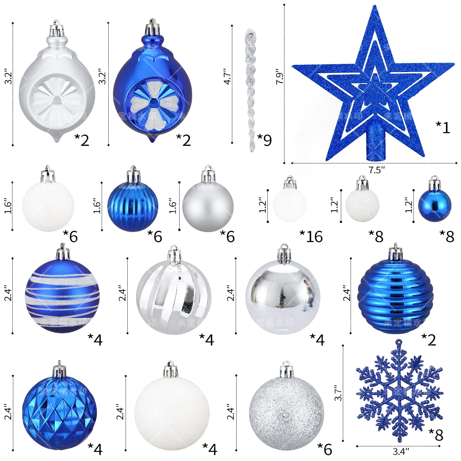 Juego de 100 bolas para árbol de Navidad con decoración, azul, plateado y blanco, inastillables, para colgar en el árbol de Navidad