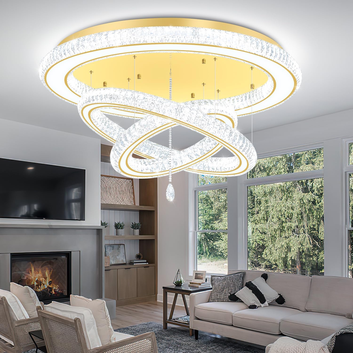 Modern Led Crystal Ring Chandelier for Living Room Glam 40in Gold Flush Mount Chandelier with K9 Crystal Raindrop