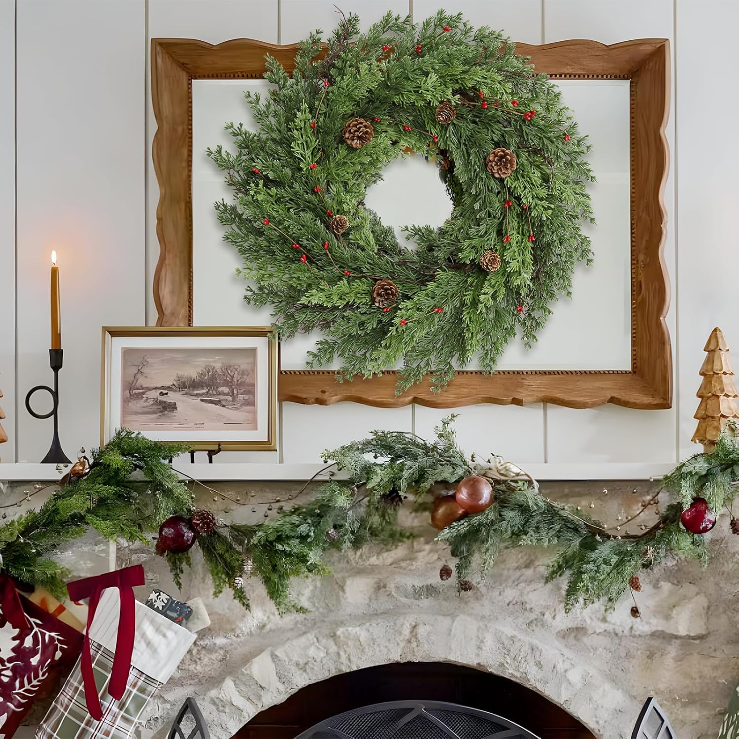 Waipfaru 24 Inch Christmas Wreaths for Front Door, Real Touch Cedar Wreath, Artificial Green Pine Reef for Front Door Windows Indoor Outdoor Holiday Xmas Decoration - Image 6