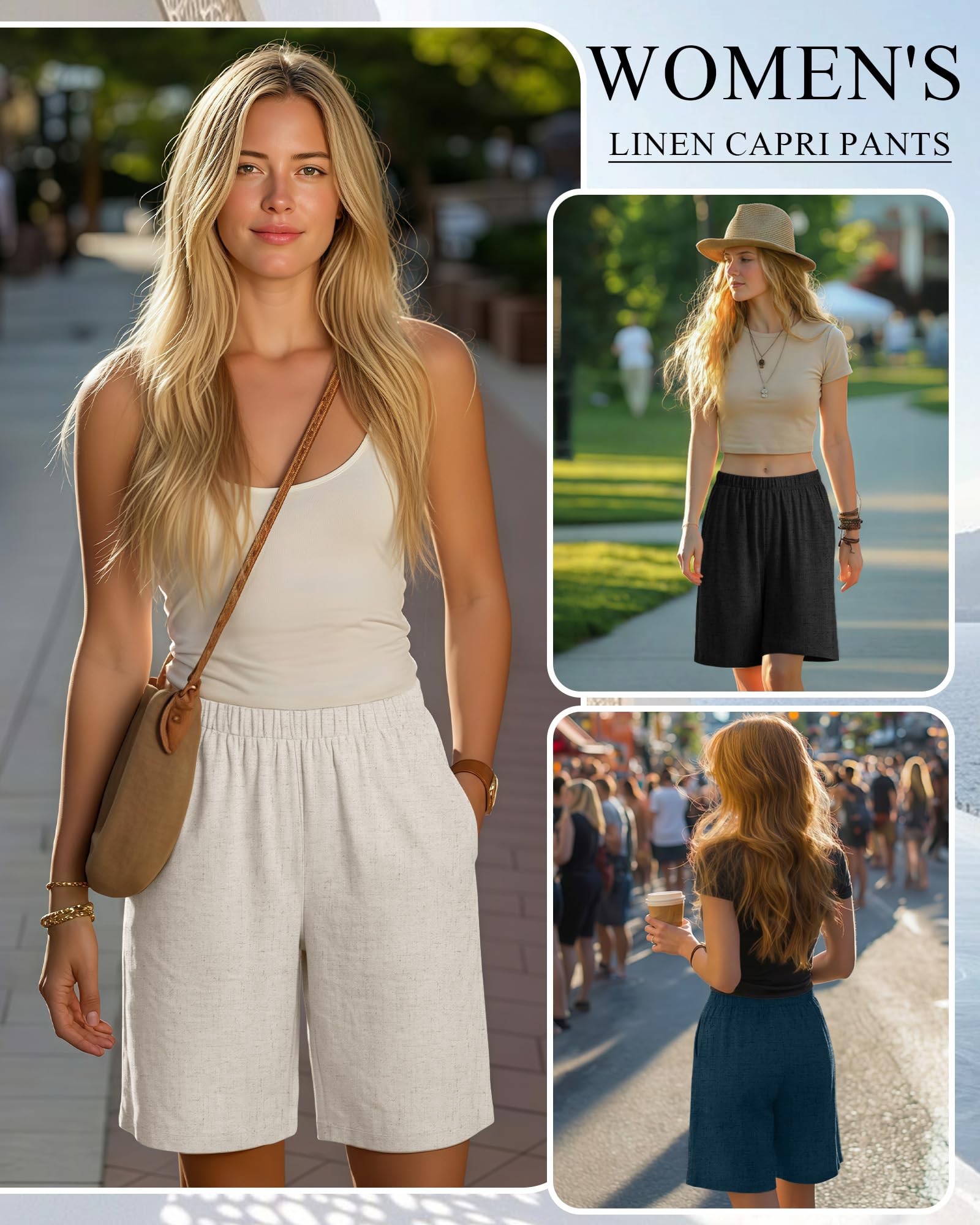 Riyiper Confezione da 3 pantaloncini da donna in lino, elasticizzati, a vita alta, a gamba larga, estivi, casual, con tasche