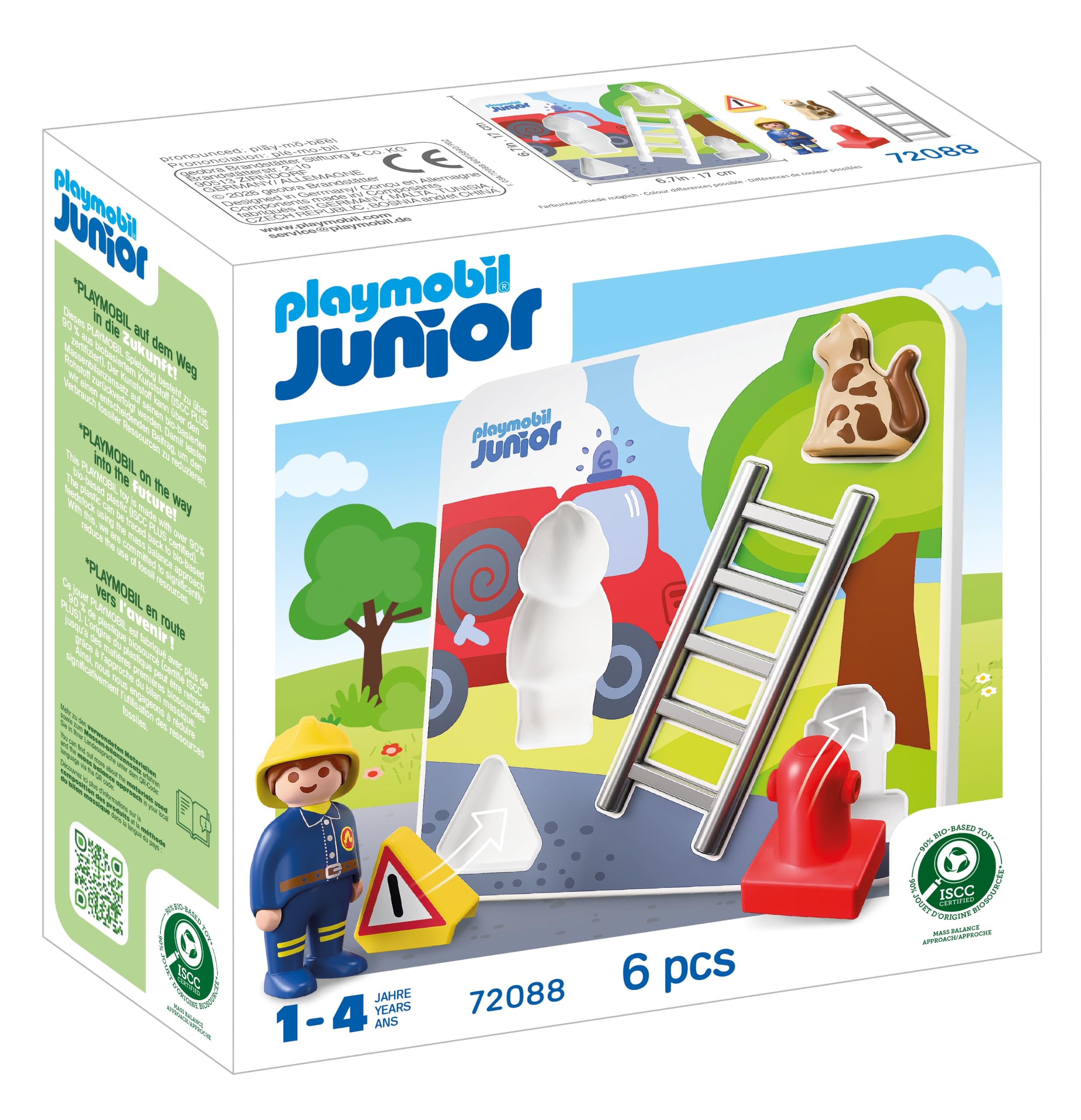 PLAYMOBIL | JUNIOR | Feuerwehr‑Puzzle | Holzpuzzle mit Feuerwehrmann, Katze & Zubehör | Für Kinder ab 1 Jahr | 72088