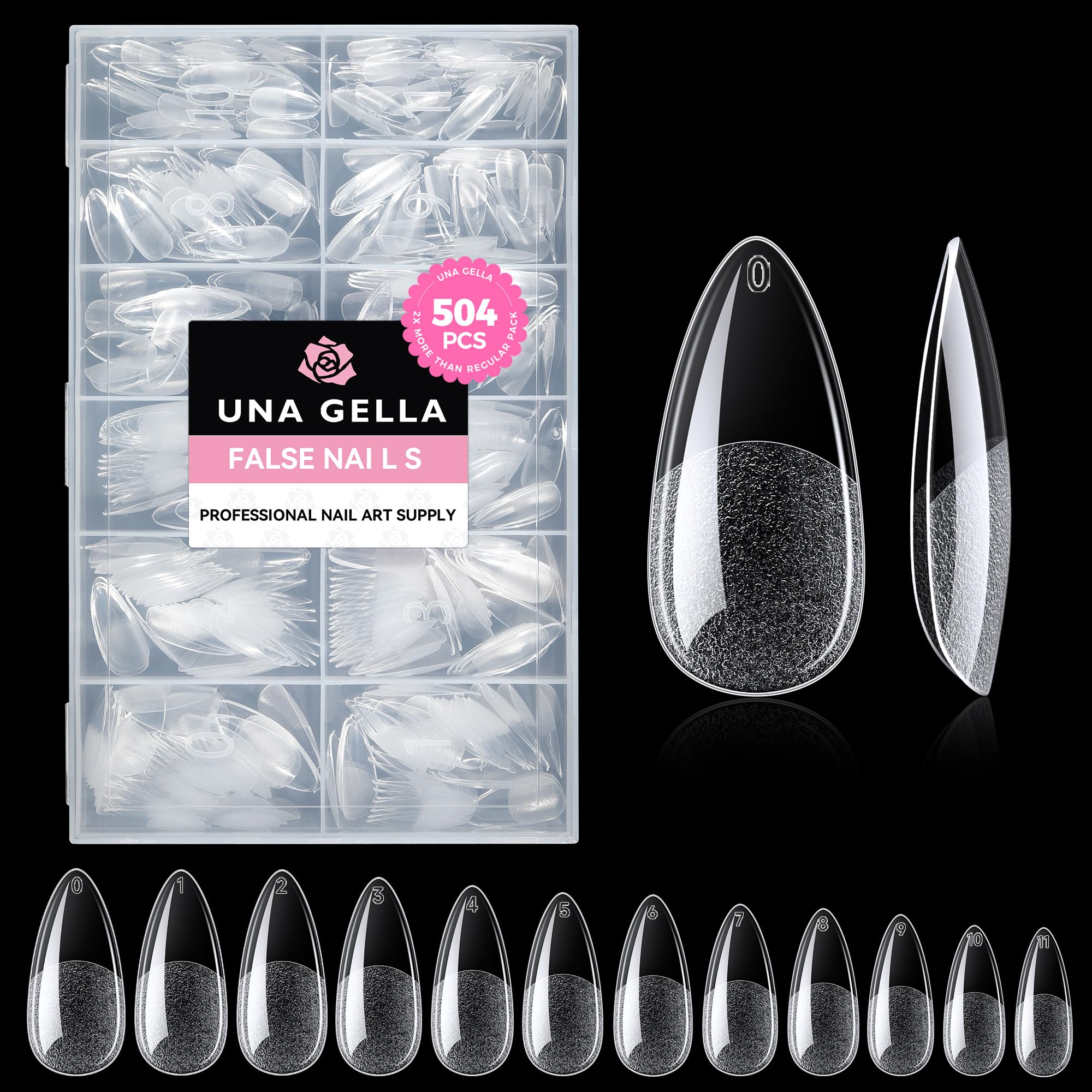 UNA GELLA Almond Gel Nail Tips, 504PCS Pre Etched Clear Fake Nails Tips Medium Almond Shape - 12 Sizes Full Cover Soft Acrylic Press On Nail Extensions No C Curve Gift for Diy at Home