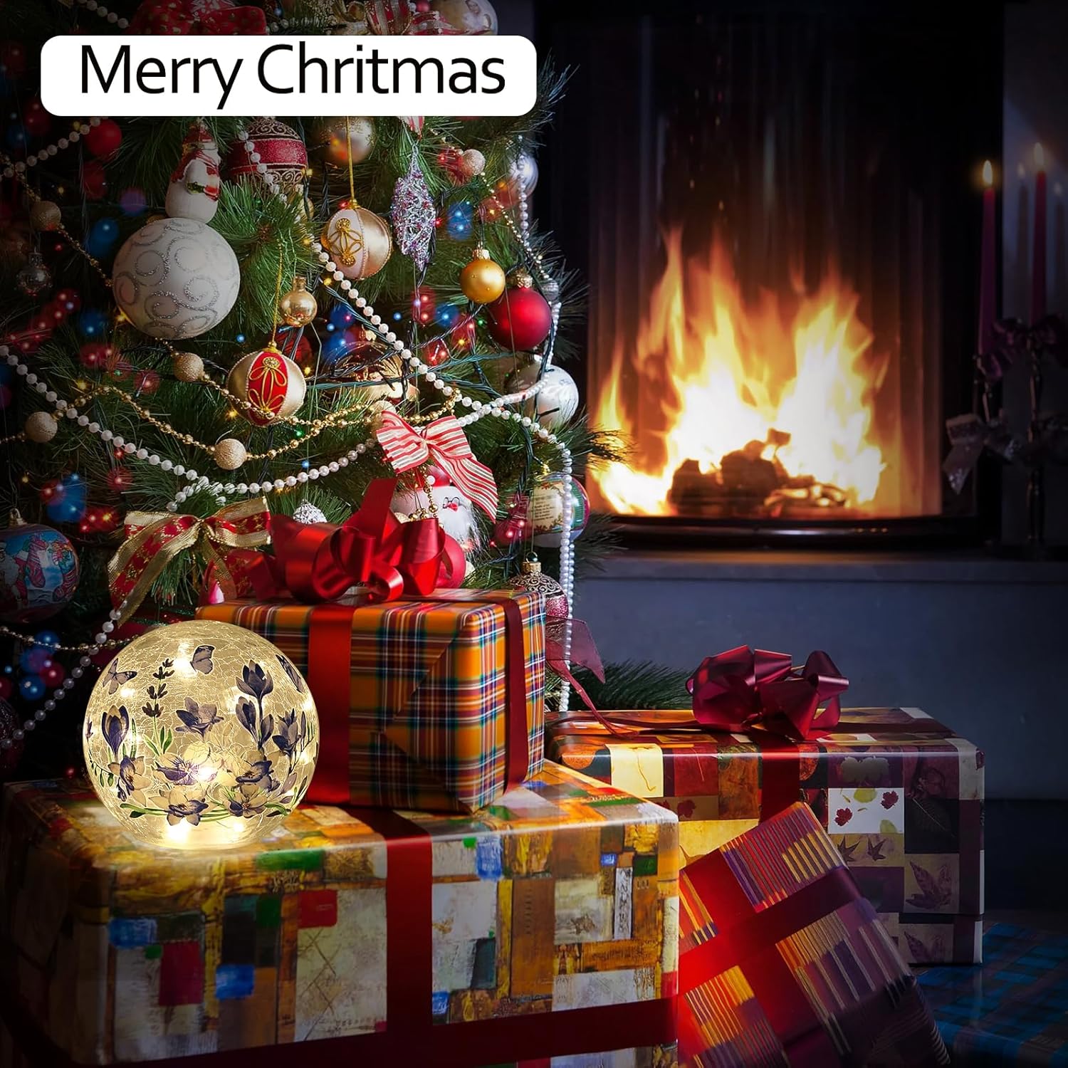 Sphere Glass Crystal Lamp (Timer – Auto 6 Hours On) Featuring Blue Flowers and Green Grass Designs, Decorative Glass Light Craft LED Light for Home Decor - Image 7