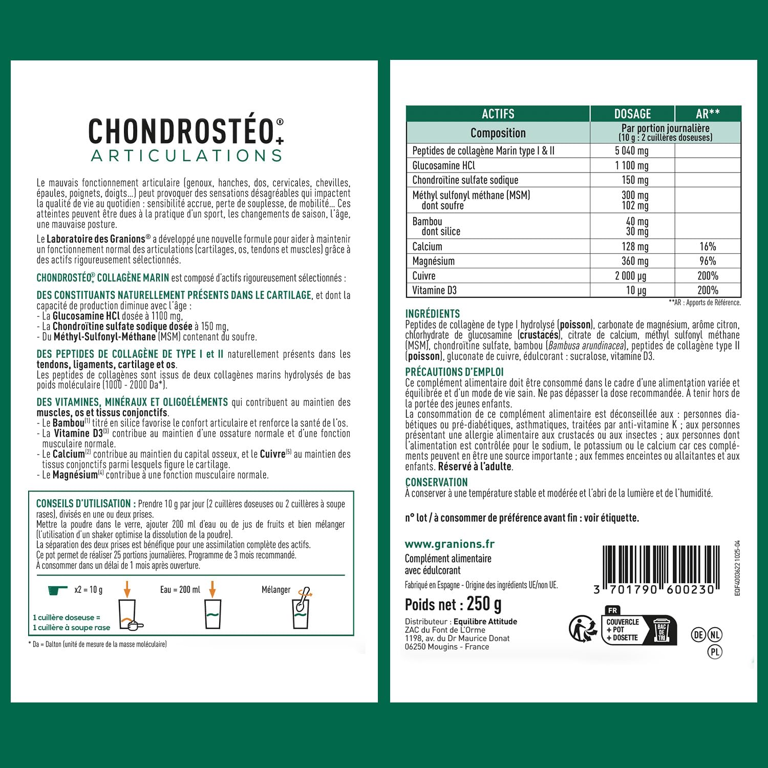 GRANIONS - Collagene Marin Poudre - CHONDROSTEO + Articulations - glucosamine chondroitine msm - collagene articulations - Glucosamine Chondroitine - msm - Goût citron - 250 g