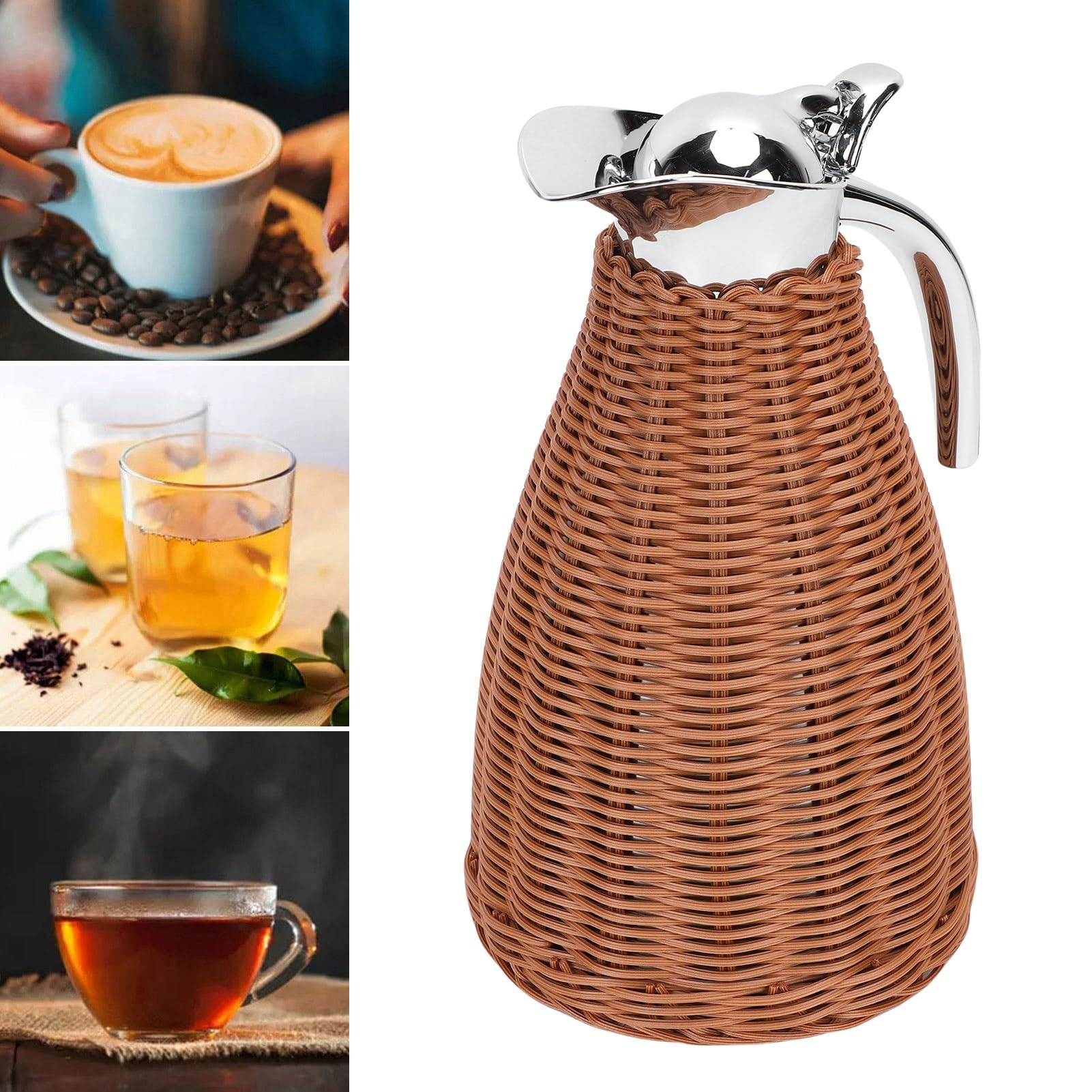 Generic Ręcznie Tkany Rattanowy Termos do Kawy ze Stali Nierdzewnej 1,5 L Dzbanek z 3 ściankami, Izolowany Dzbanek 12-godzinne Ogrzewanie 24-godzinne Utrzymywanie Zimna w Przypadku Gorących lub (Kawa)