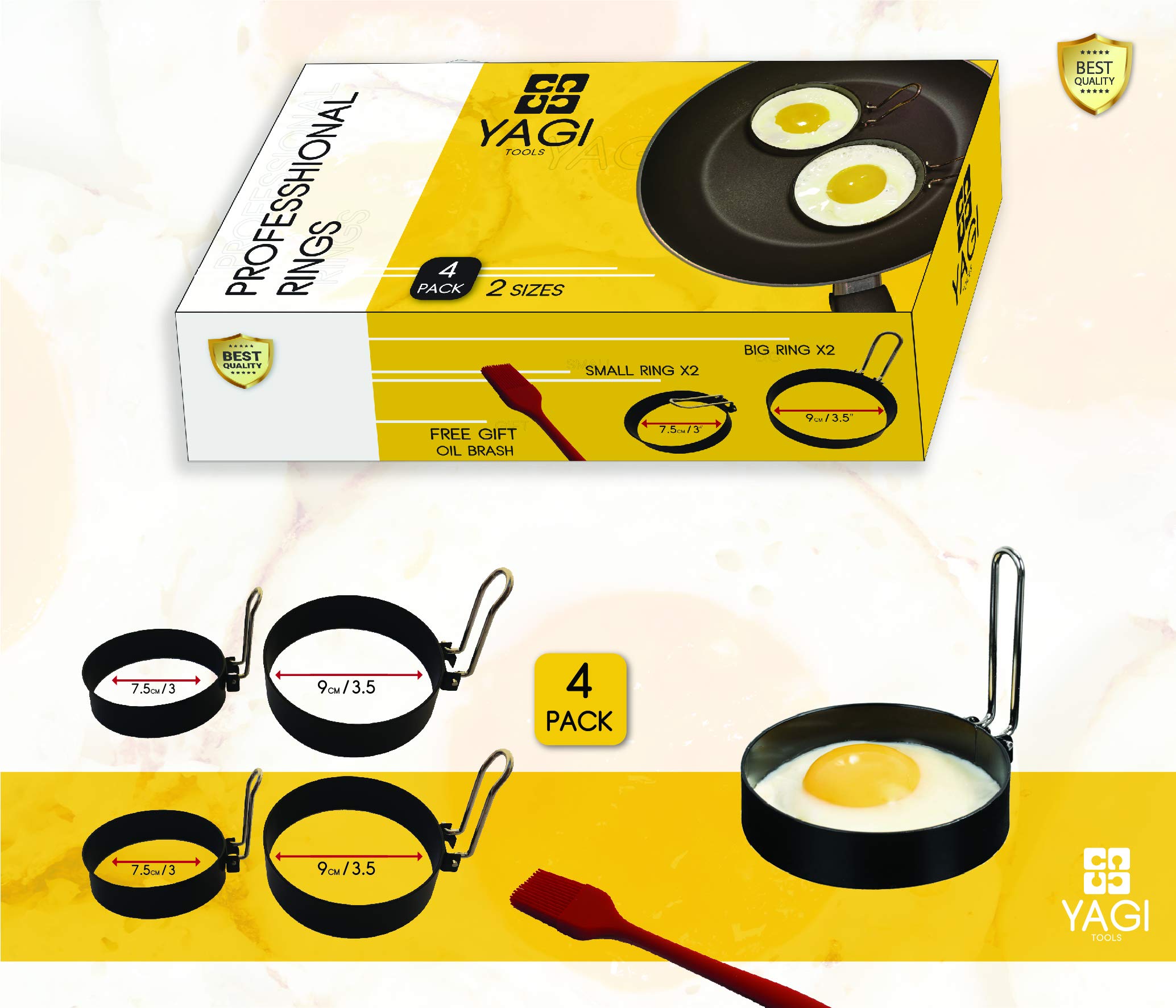 YAGITools Egg Rings Mold- Set of 4 Round Egg Rings for Egg McMuffins - Rust & Leak proof Egg Rings for Frying Eggs - Egg Molds with Foldable Handles + Silicone Basting Brush (2x3 Inch + 2x3.5 Inch)
