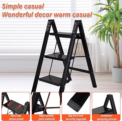 Miniatura 3 de Escalera de 3 escalones, de aleación de aluminio multiusos, ligera, portátil, plegable, con pedales anchos antideslizantes para el hogar, cocina,
