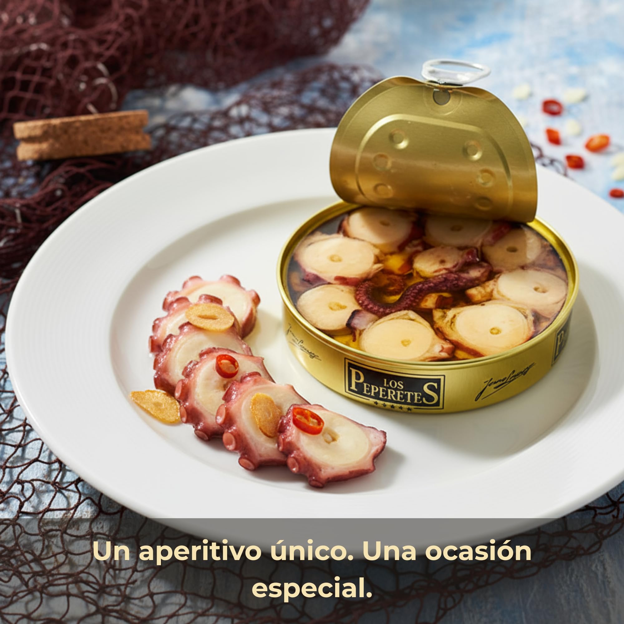 LOS PEPERETES Pulpo al Ajillo 120 g | Marisco Gallego Gourmet | Conserva Artesanal en Aceite de Oliva con Ajo Natural | Pulpo del Atlántico | Sabor Tradicional de Galicia