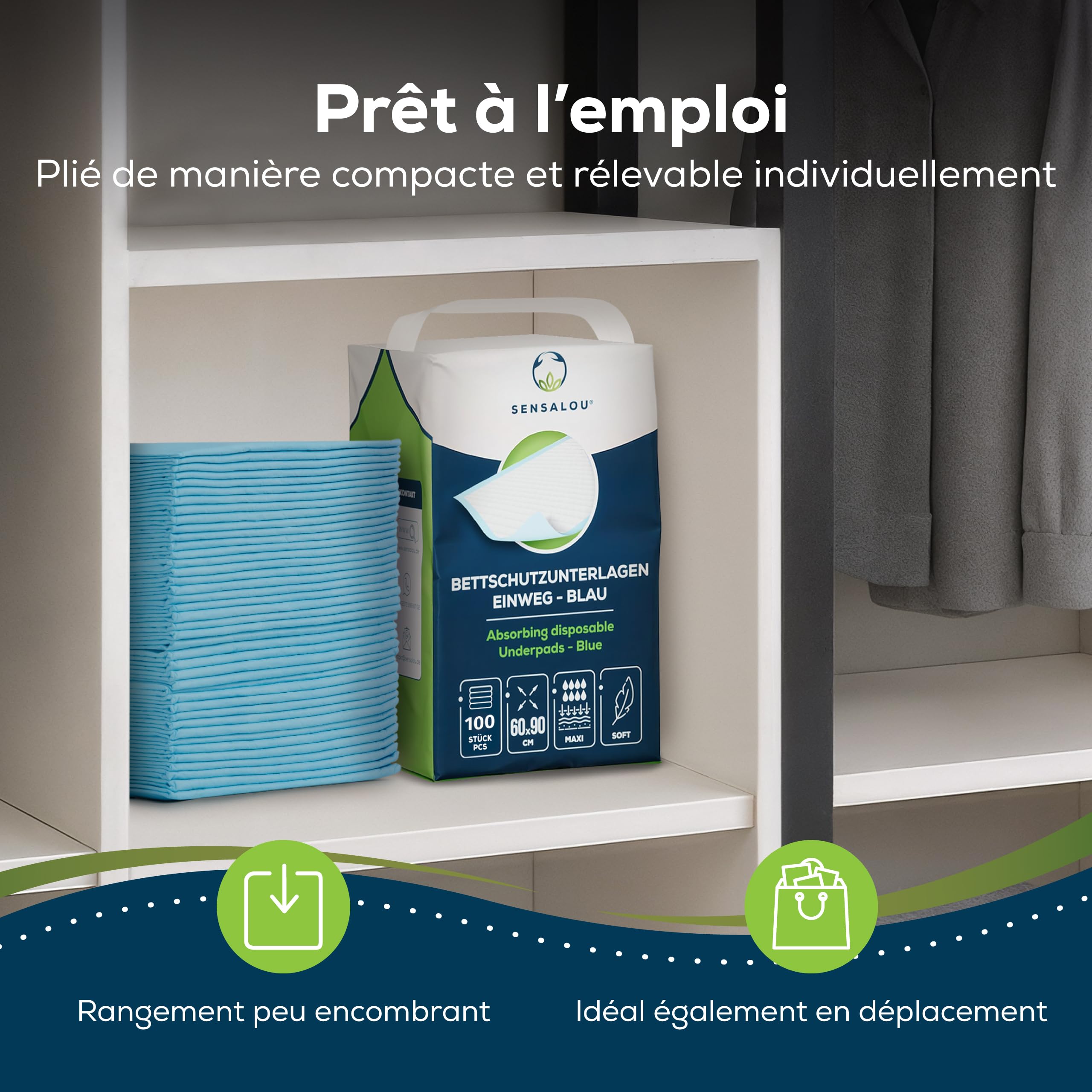 Sensalou Alèses Jetables 60x90 cm – 100 Pièces – Alèses Médicales Absorbantes et Imperméables pour Incontinence, Bébé, Personnes Âgées, Animaux, Soins, Lit, Protection Journalière, Hôpital, Hygiène
