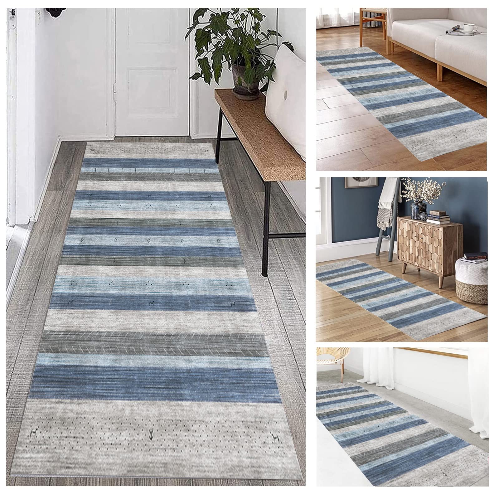 Hamankim Grey/Blue Carpet Runners For Hallway, Modern Very Long Runner Rug Corridor Entryway Non-Slip Floor Mat 1M/1.5M/2M/2.5M/3M/3.5M/4M/4.5M/5M/6M Narrow Carpet - (Size : 60×300Cm/2Ft×9.8Ft)